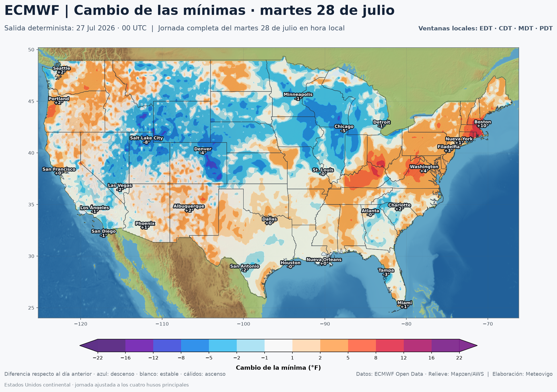 Cambio de las temperaturas mínimas en Estados Unidos el martes 28 de julio de 2026 según el ECMWF