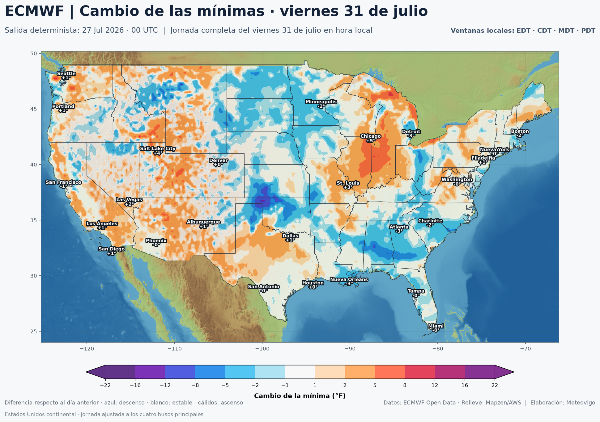 Cambio de las temperaturas mínimas en Estados Unidos el viernes 31 de julio de 2026 según el ECMWF