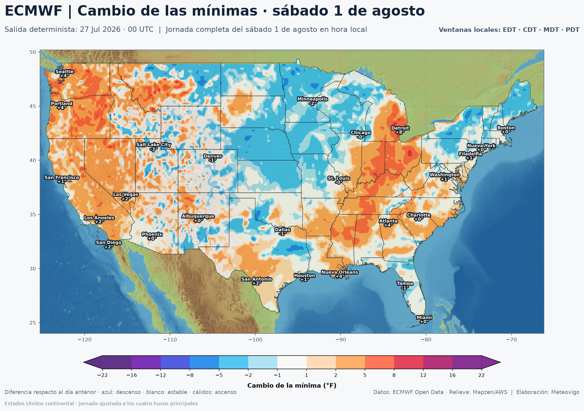 Cambio de las temperaturas mínimas en Estados Unidos el sábado 1 de agosto de 2026 según el ECMWF