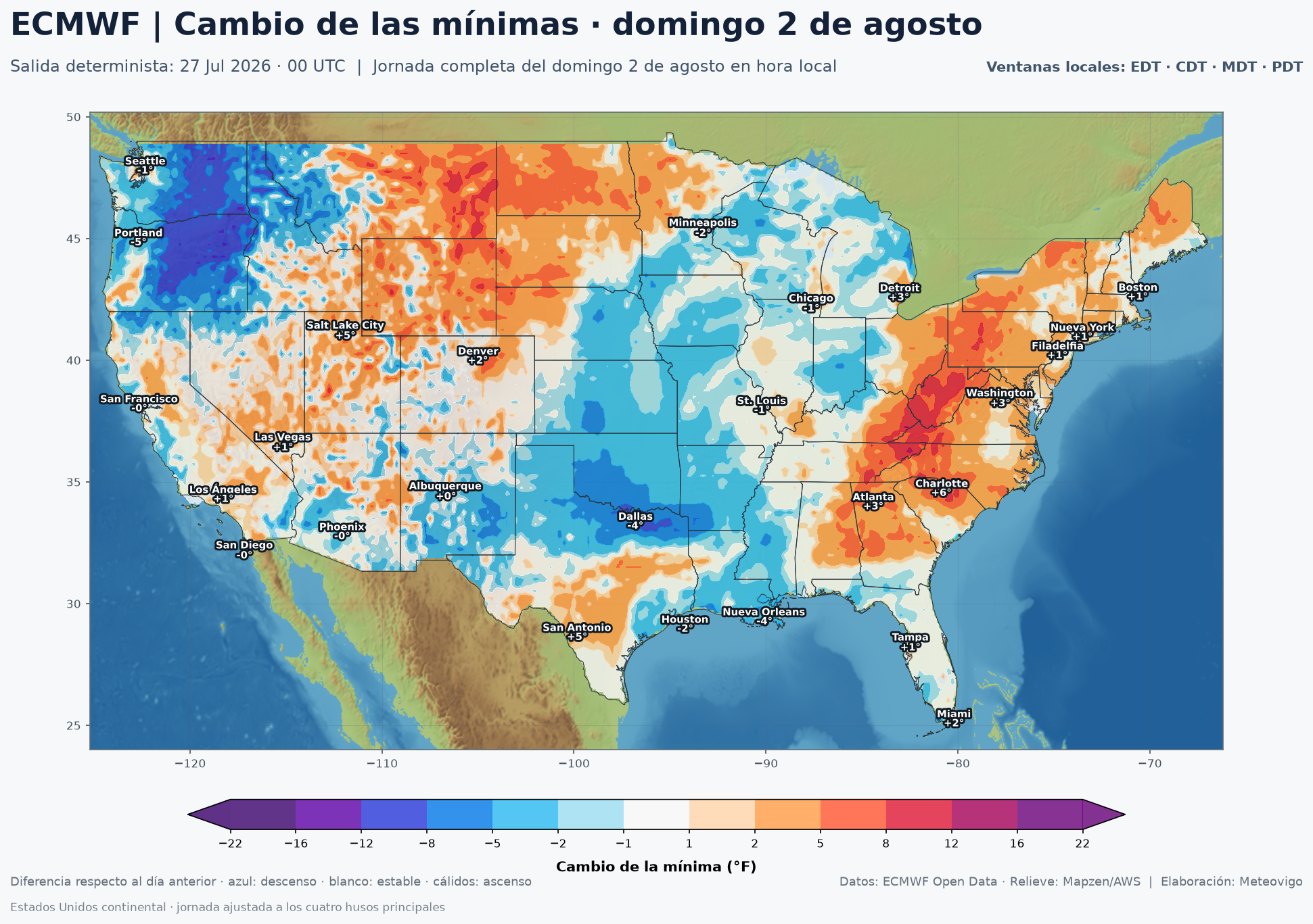 Cambio de las temperaturas mínimas en Estados Unidos el domingo 2 de agosto de 2026 según el ECMWF
