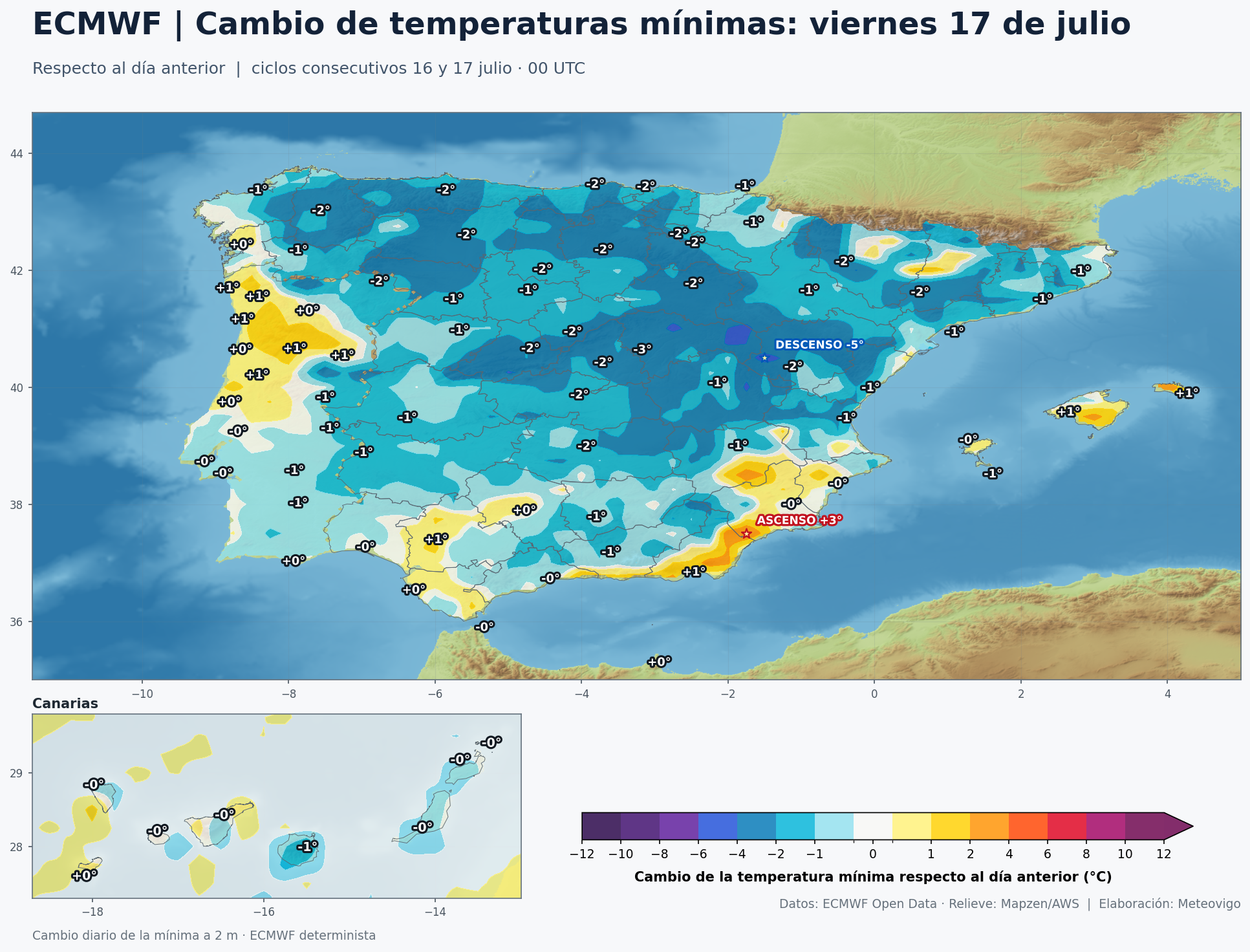 Mapa ECMWF del cambio de temperaturas mínimas del viernes 17 respecto al jueves