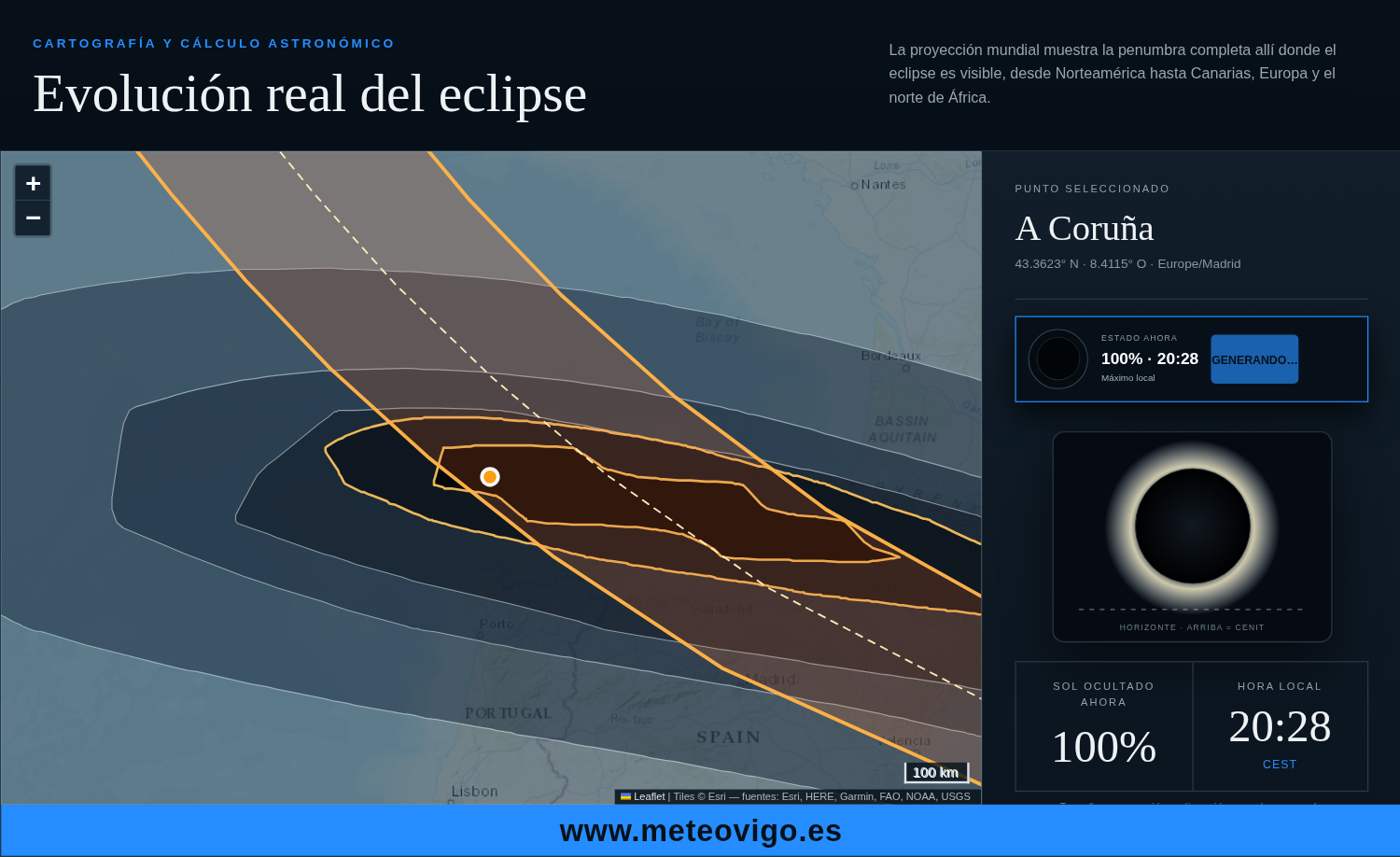 Simulación de la totalidad del eclipse solar de 2026 en A Coruña a las 20:28 CEST