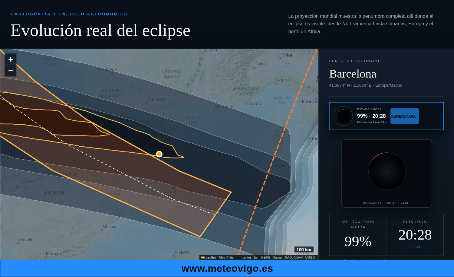 Simulación del eclipse solar de 2026 en Barcelona a las 20:28 CEST con un 99 % de ocultación