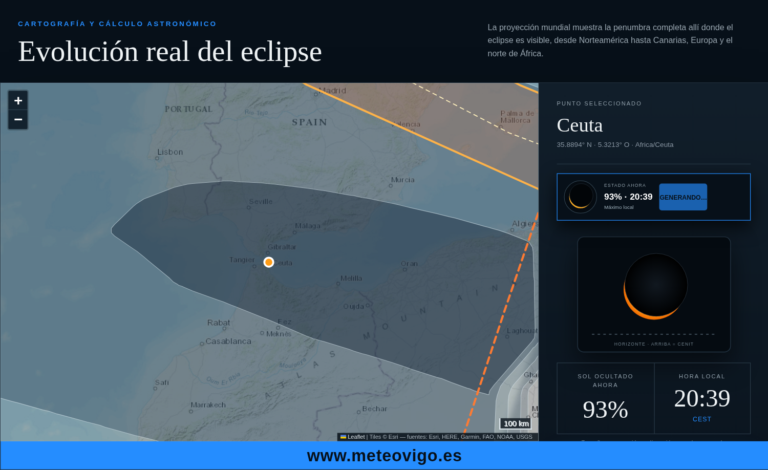 Simulación del eclipse solar de 2026 en Ceuta a las 20:39 CEST con un 93 % de ocultación