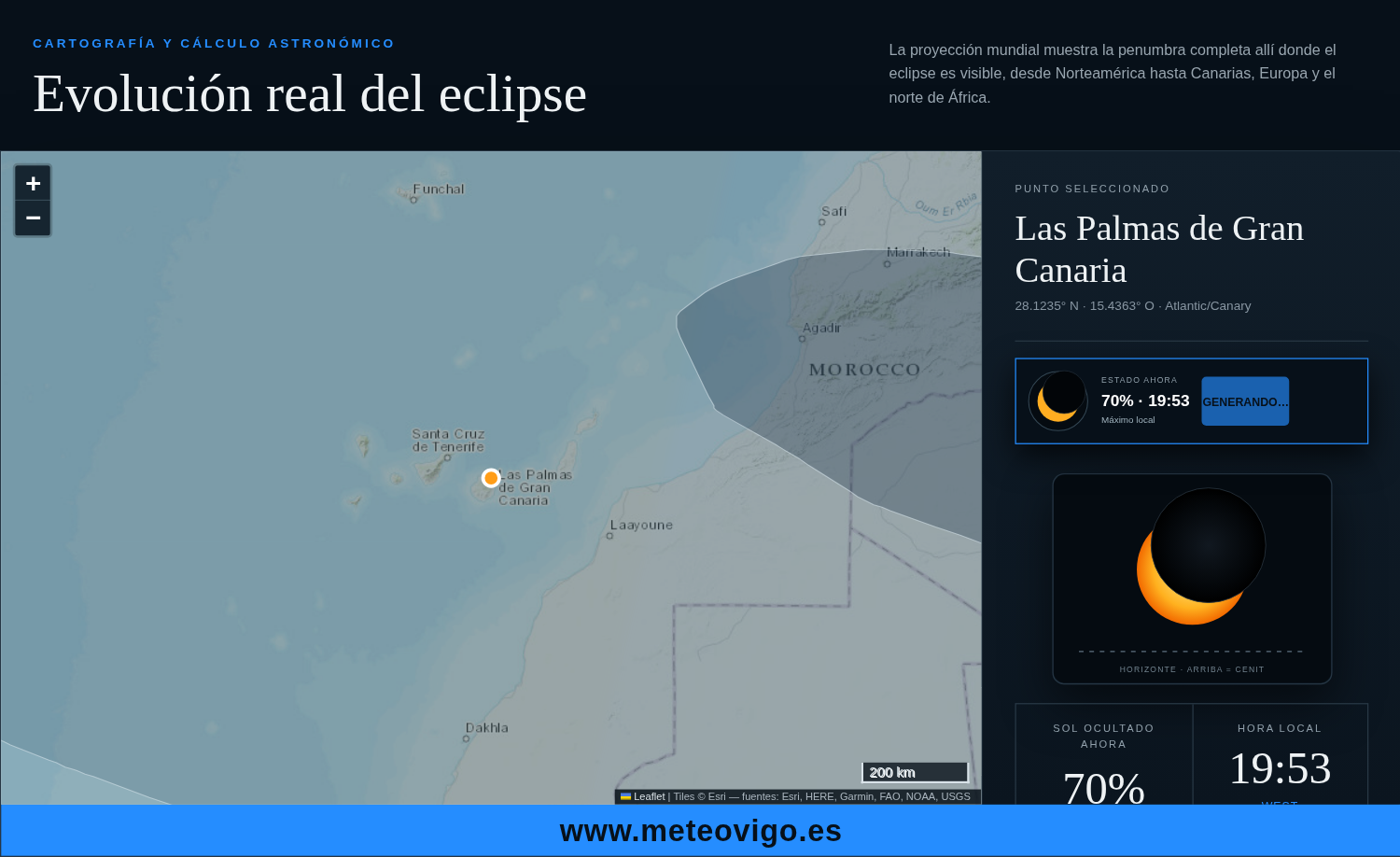 Simulación del eclipse solar de 2026 en Las Palmas de Gran Canaria a las 19:53 WEST con un 70 % de ocultación