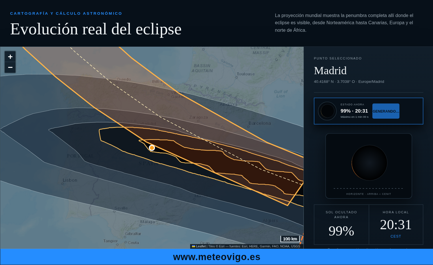 Simulación del eclipse solar de 2026 en Madrid a las 20:31 CEST con un 99 % de ocultación
