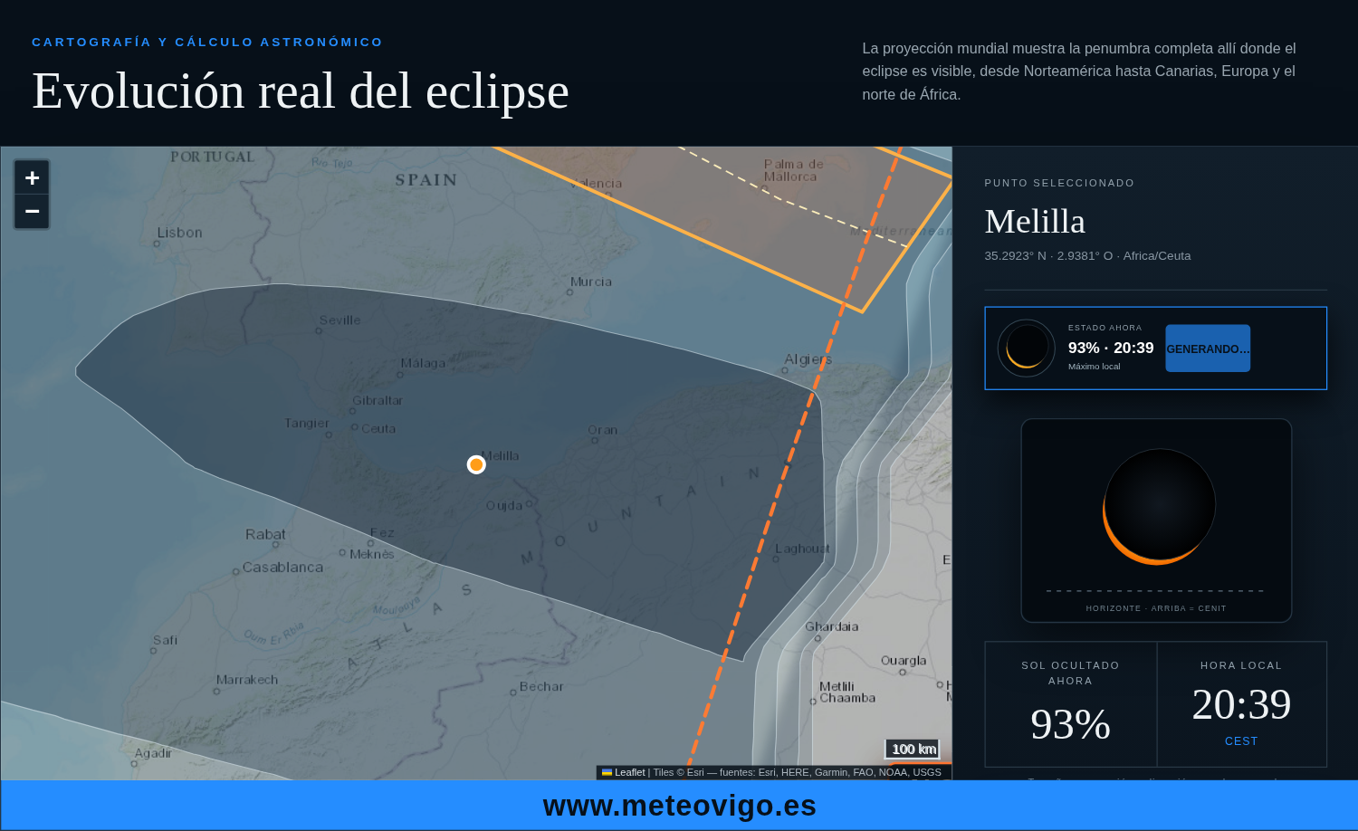 Simulación del eclipse solar de 2026 en Melilla a las 20:39 CEST con un 93 % de ocultación
