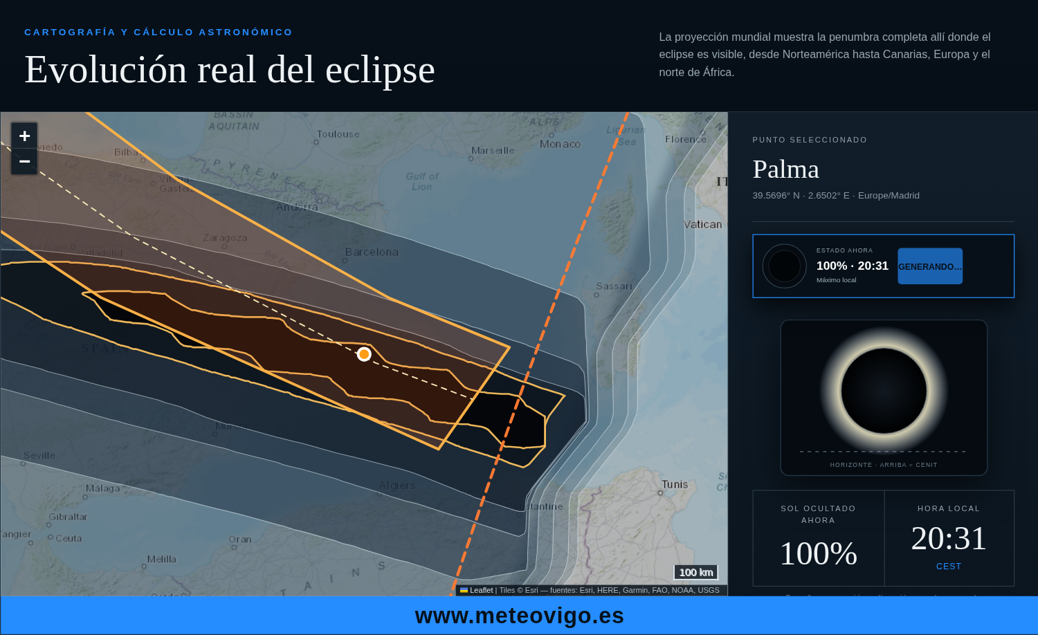 Simulación de la totalidad del eclipse solar de 2026 en Palma a las 20:31 CEST