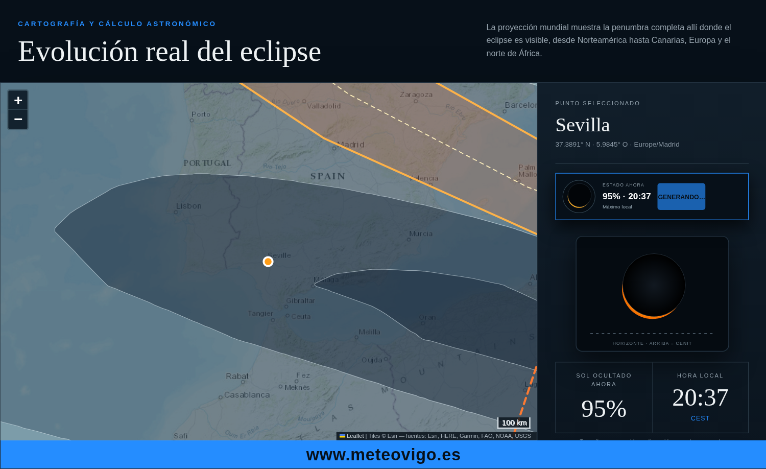 Simulación del eclipse solar de 2026 en Sevilla a las 20:37 CEST con un 95 % de ocultación