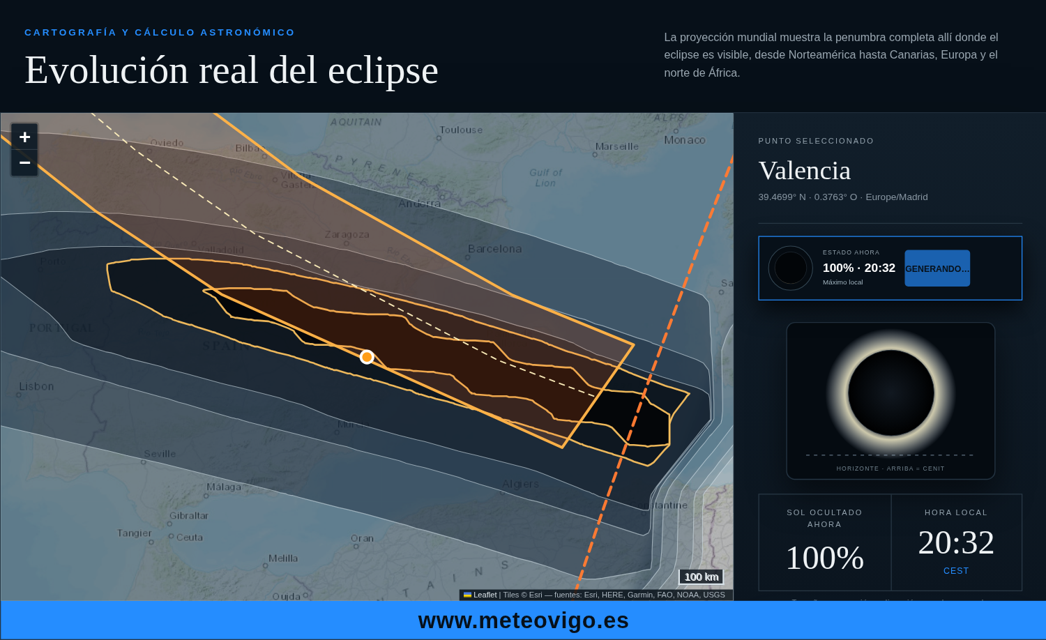 Simulación de la totalidad del eclipse solar de 2026 en Valencia a las 20:32 CEST