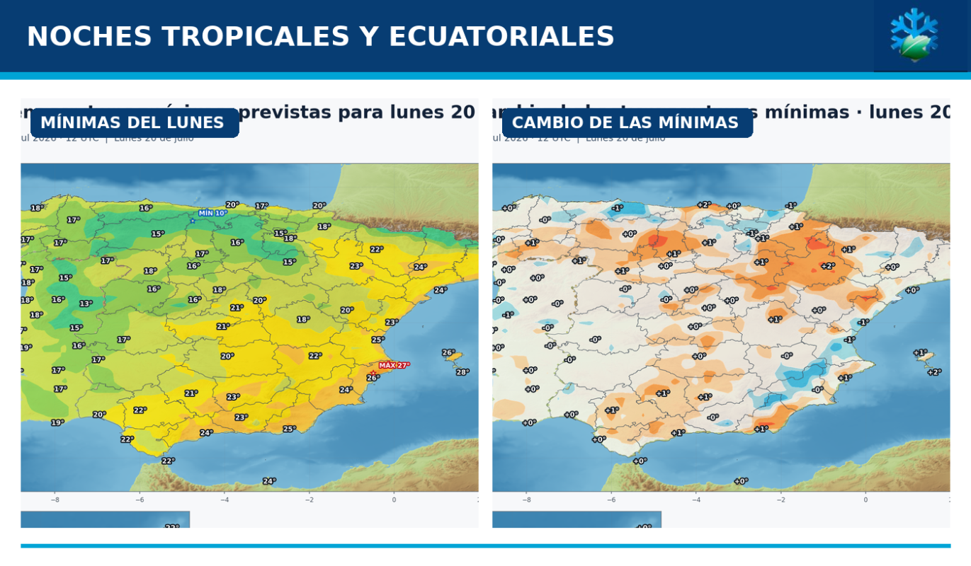 Pronóstico de noches tropicales y ecuatoriales en España para el lunes