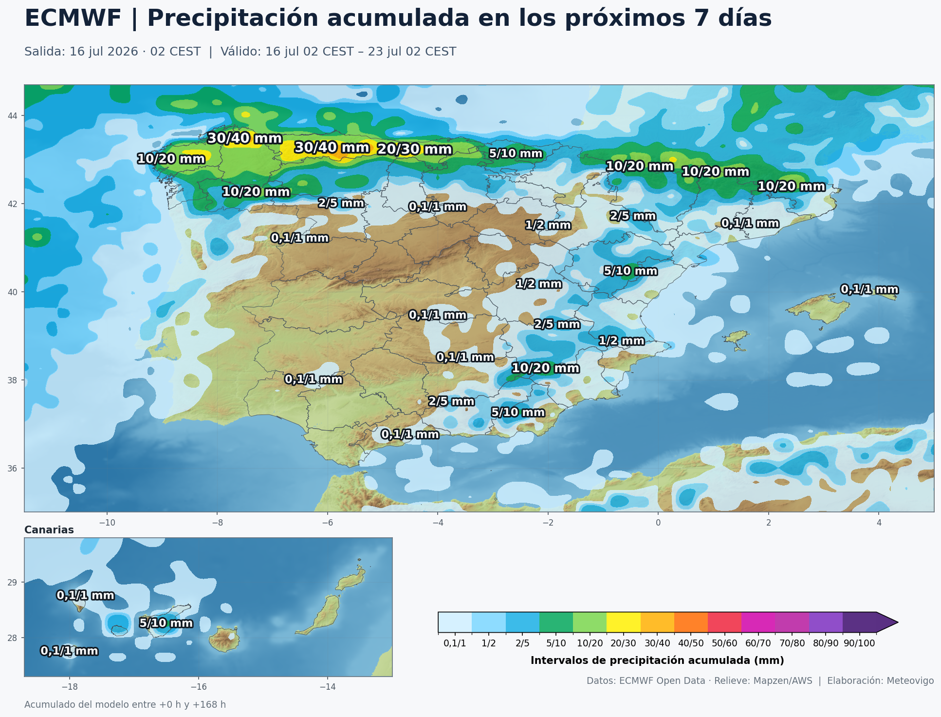 Mapa ECMWF de precipitación acumulada en España con intervalos de 10 milímetros