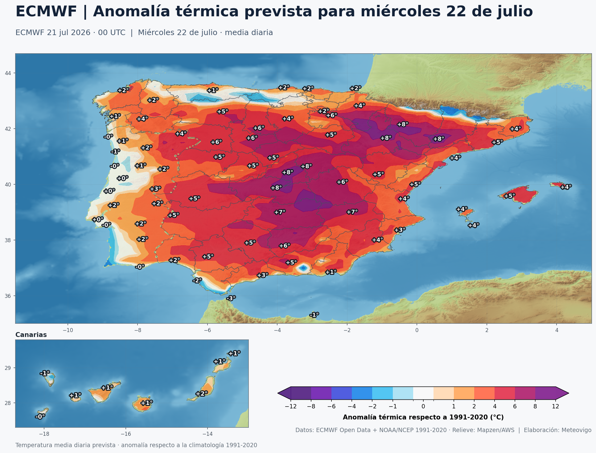 Mapa ECMWF de anomalías térmicas en España para el miércoles 22 de julio de 2026 con valores numéricos