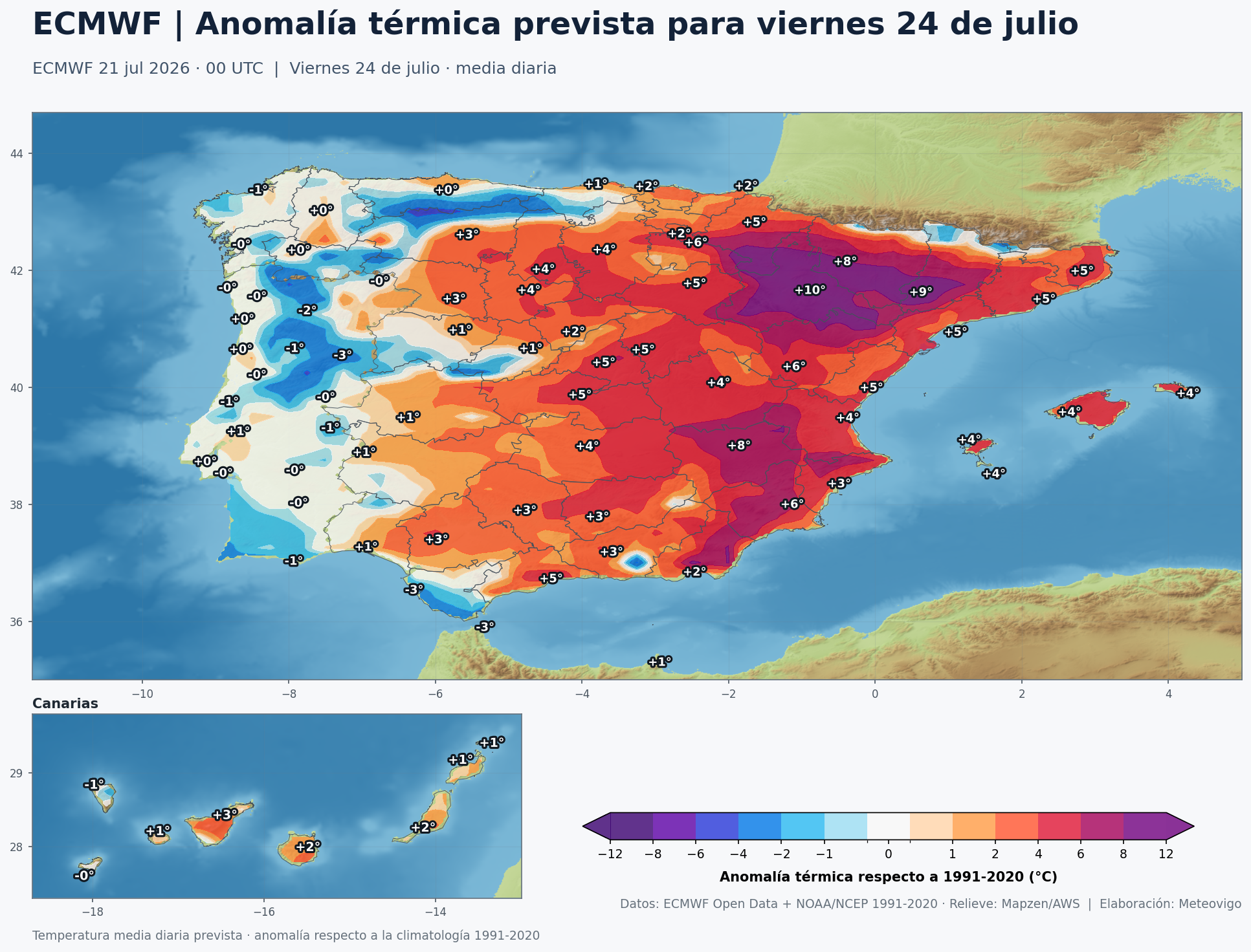 Mapa ECMWF de anomalías térmicas en España para el viernes 24 de julio de 2026 con valores numéricos