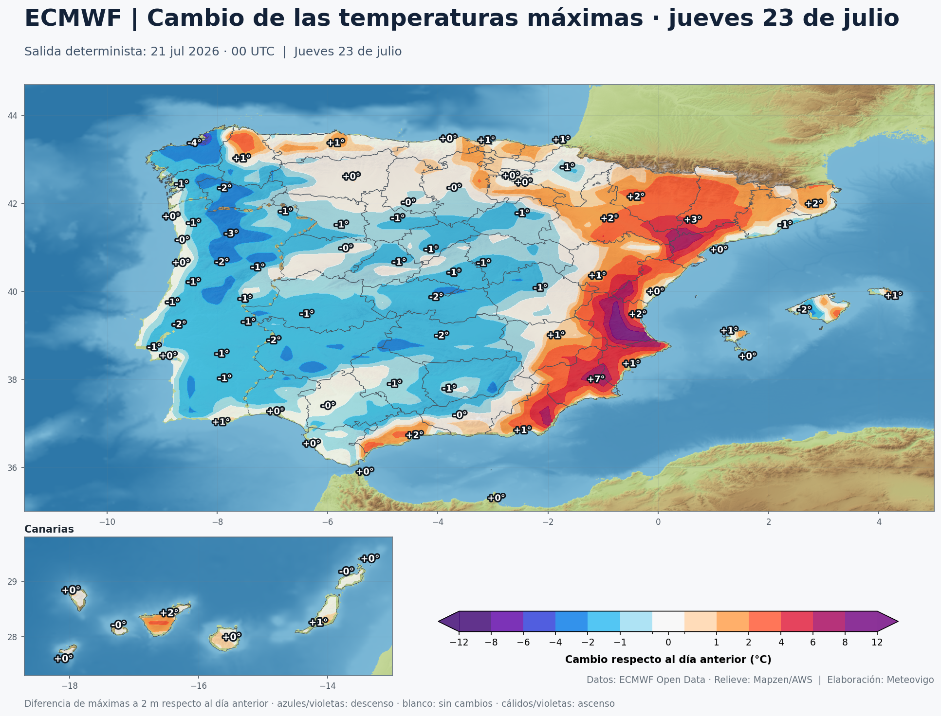 Mapa ECMWF del cambio de temperaturas máximas en España para el jueves 23 de julio de 2026 con valores numéricos