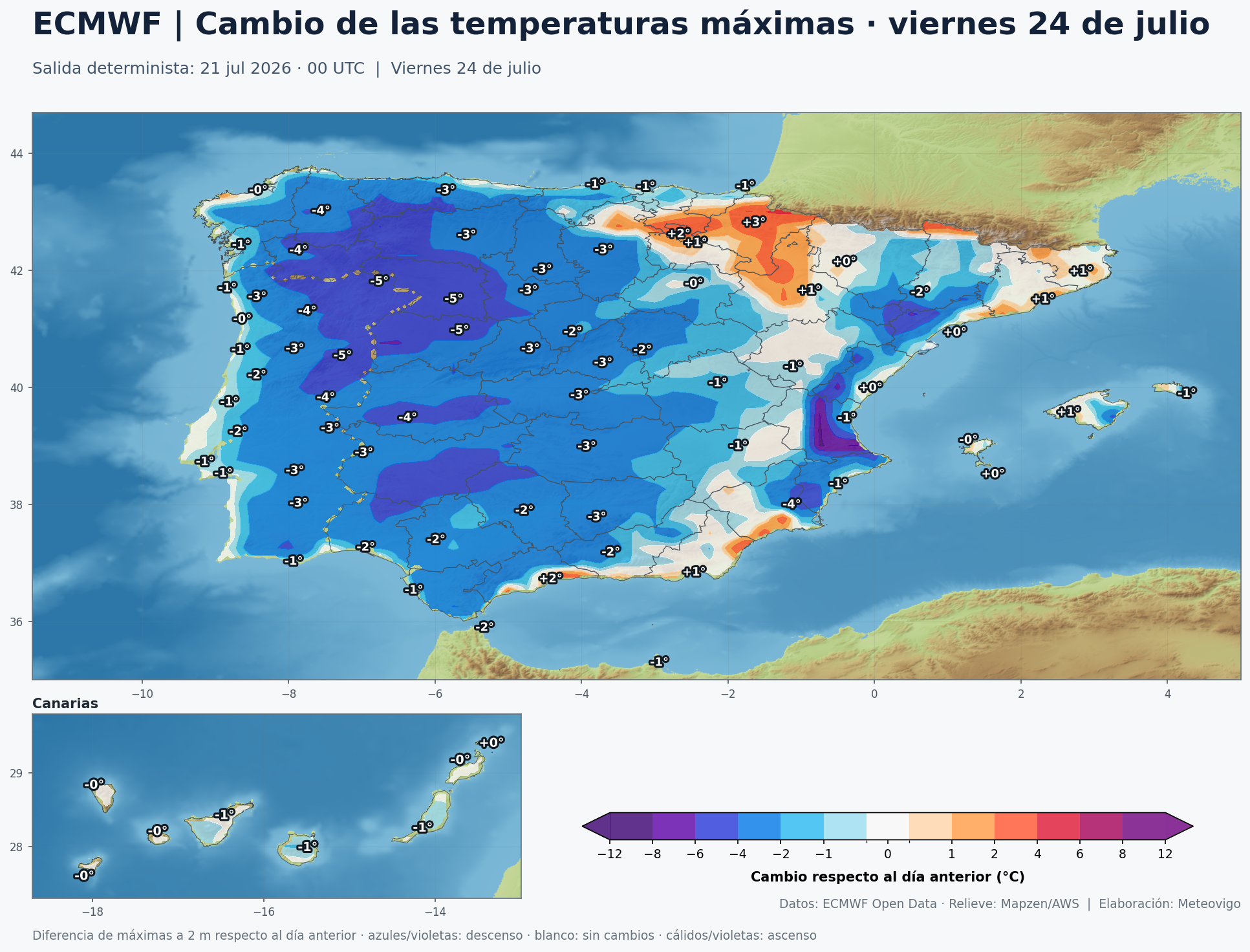 Mapa ECMWF del cambio de temperaturas máximas en España para el viernes 24 de julio de 2026 con valores numéricos