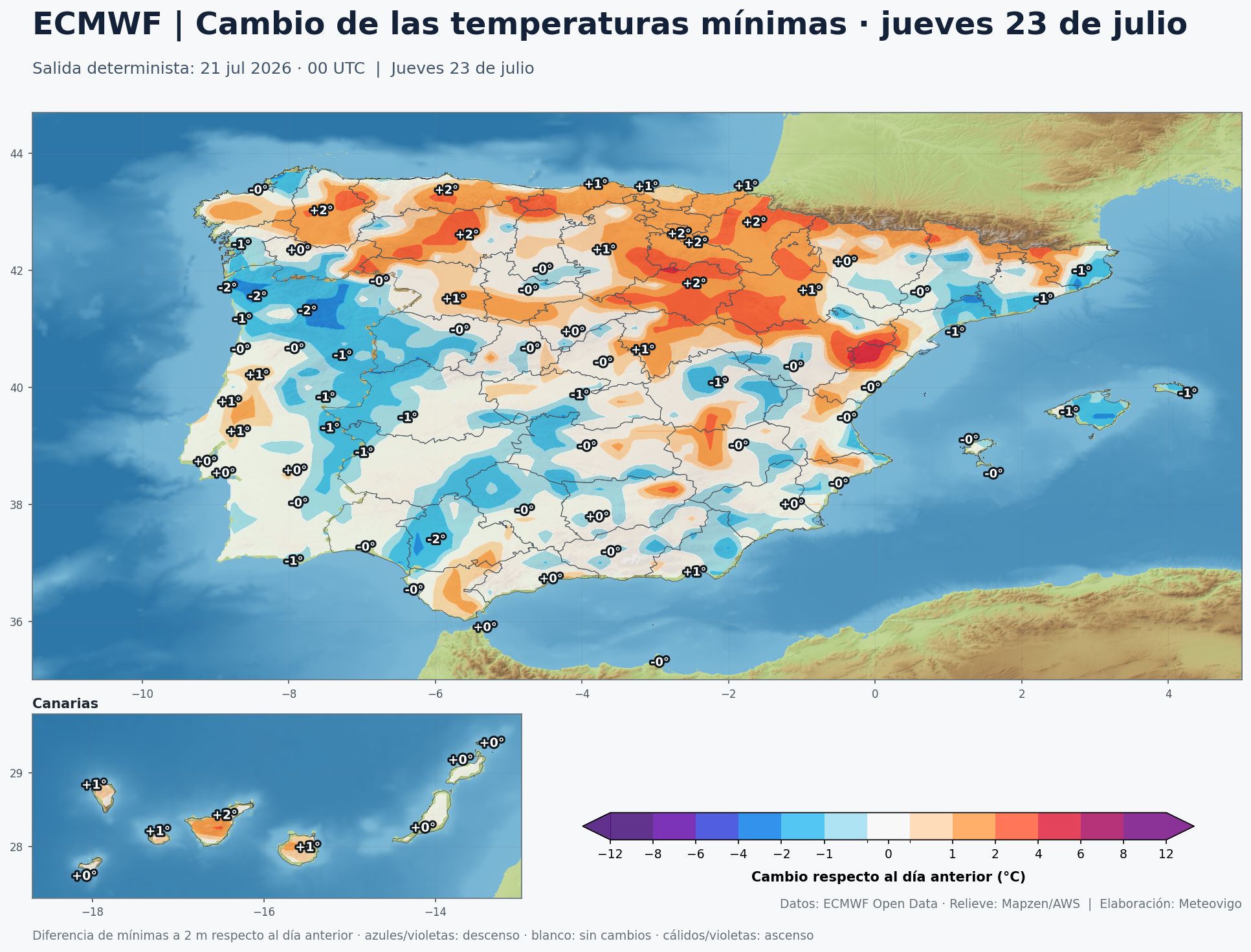 Mapa ECMWF del cambio de temperaturas mínimas en España para el jueves 23 de julio de 2026 con valores numéricos