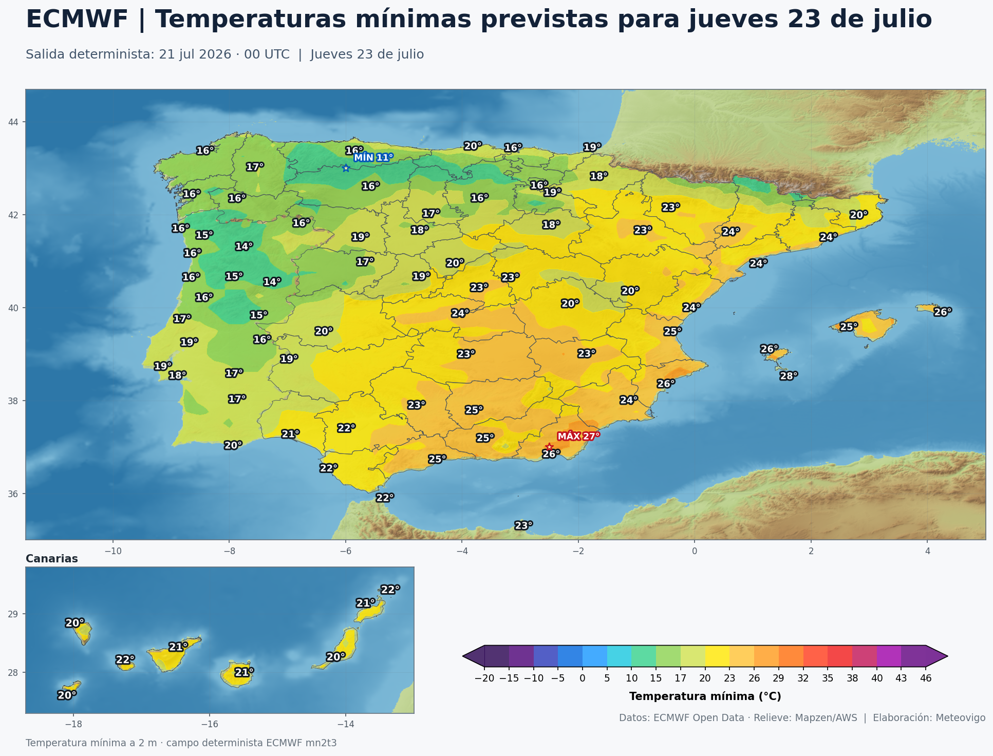 Mapa ECMWF de temperaturas mínimas en España para el jueves 23 de julio de 2026 con valores numéricos