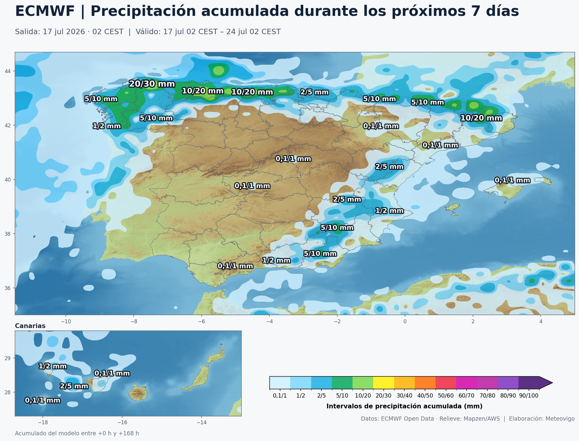 Mapa ECMWF de precipitaciones acumuladas durante los pr&oacute;ximos siete d&iacute;as en Espa&ntilde;a