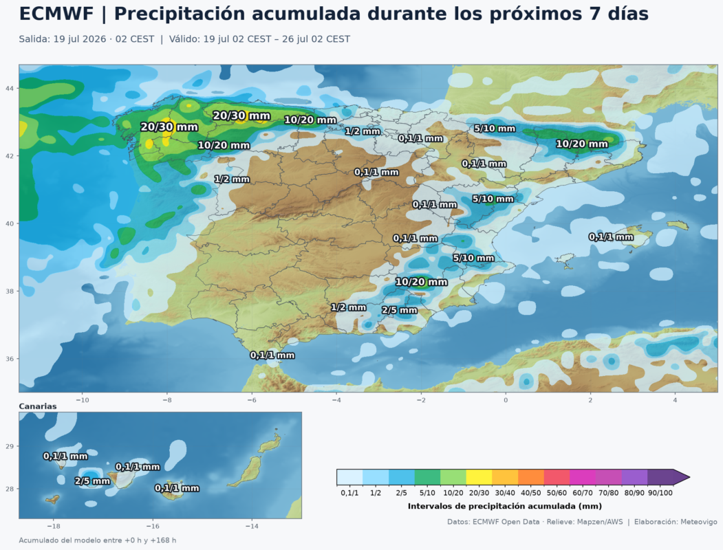 Mapa ECMWF de precipitación acumulada durante siete días en España