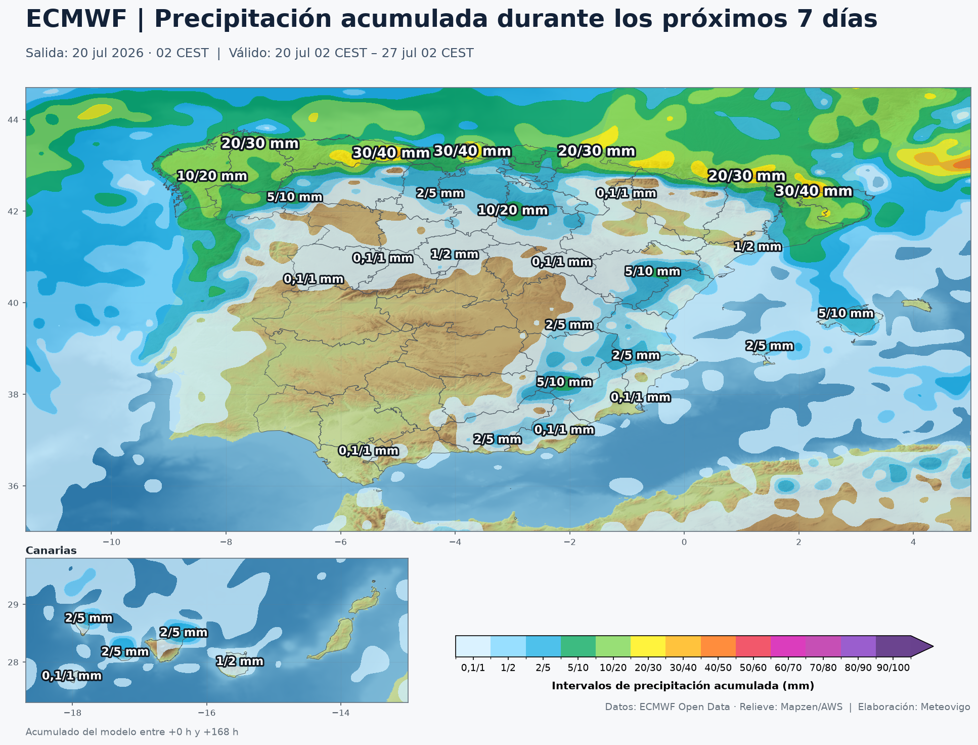 Mapa ECMWF de precipitación acumulada en España durante los próximos siete días