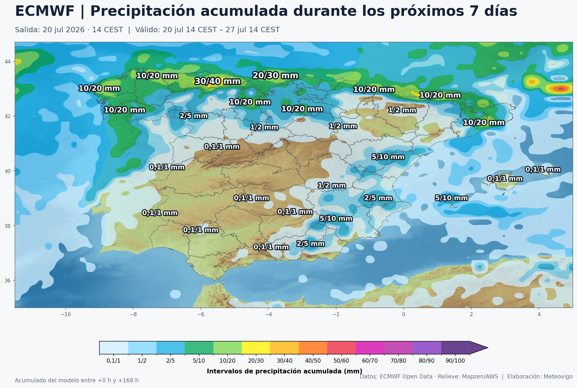 Mapa ECMWF de precipitación acumulada del 20 al 27 de julio en Península, Ceuta, Melilla y Baleares