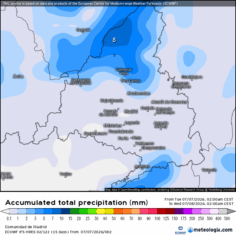 Mapa de lluvias en la Comunidad de Madrid