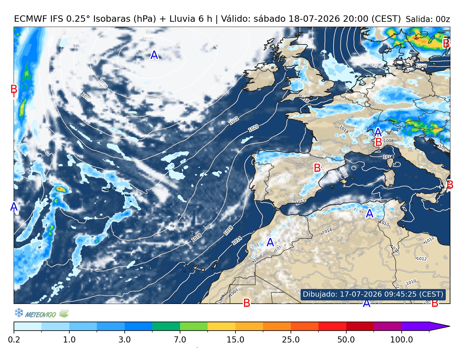 Mapa ECMWF de isobaras y precipitaci&oacute;n en seis horas v&aacute;lido para el s&aacute;bado 18 de julio a las 20 CEST