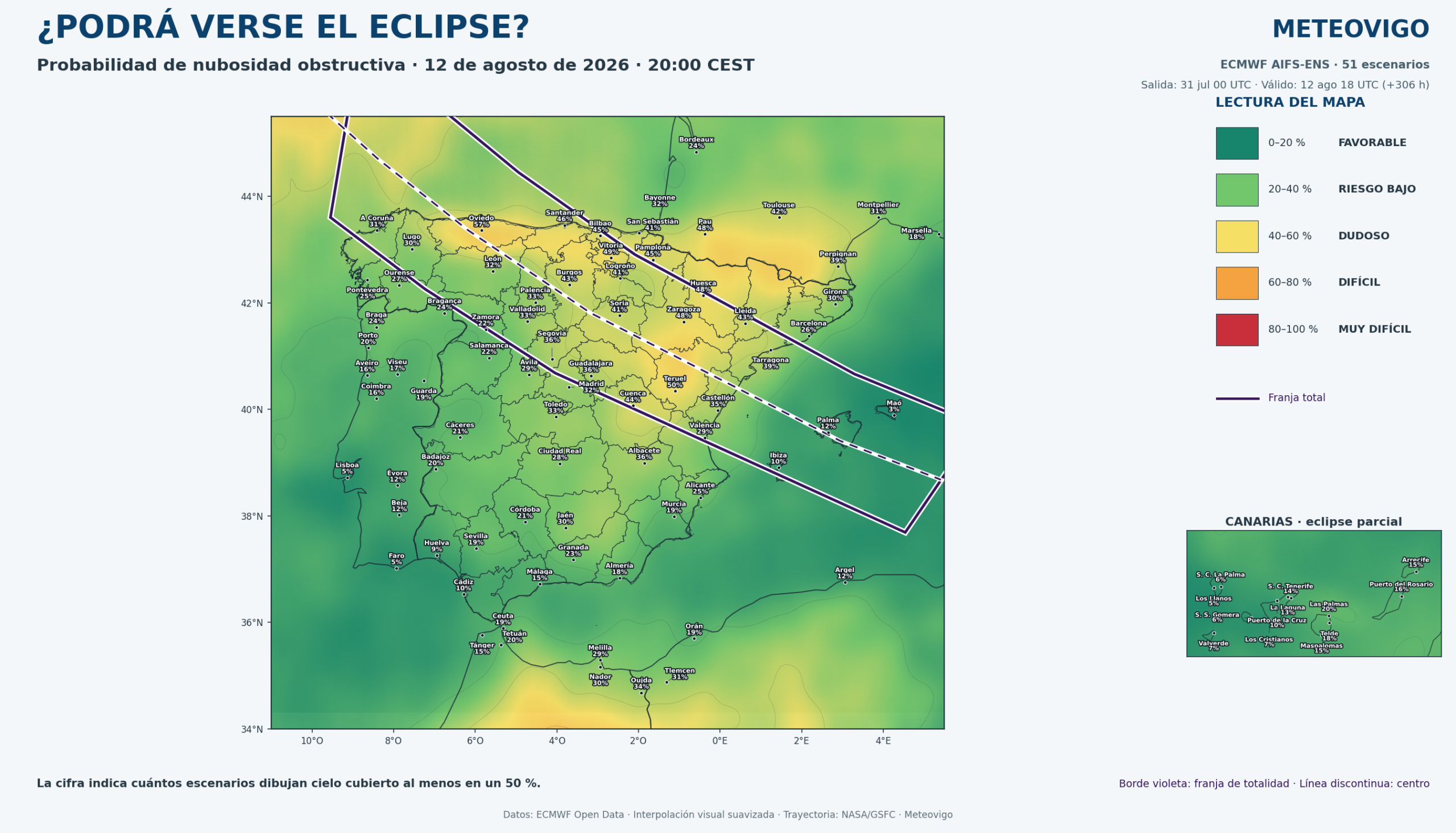 Mapa actualizado de probabilidad de nubosidad para observar el eclipse total de Sol del 12 de agosto de 2026 en Espa&ntilde;a