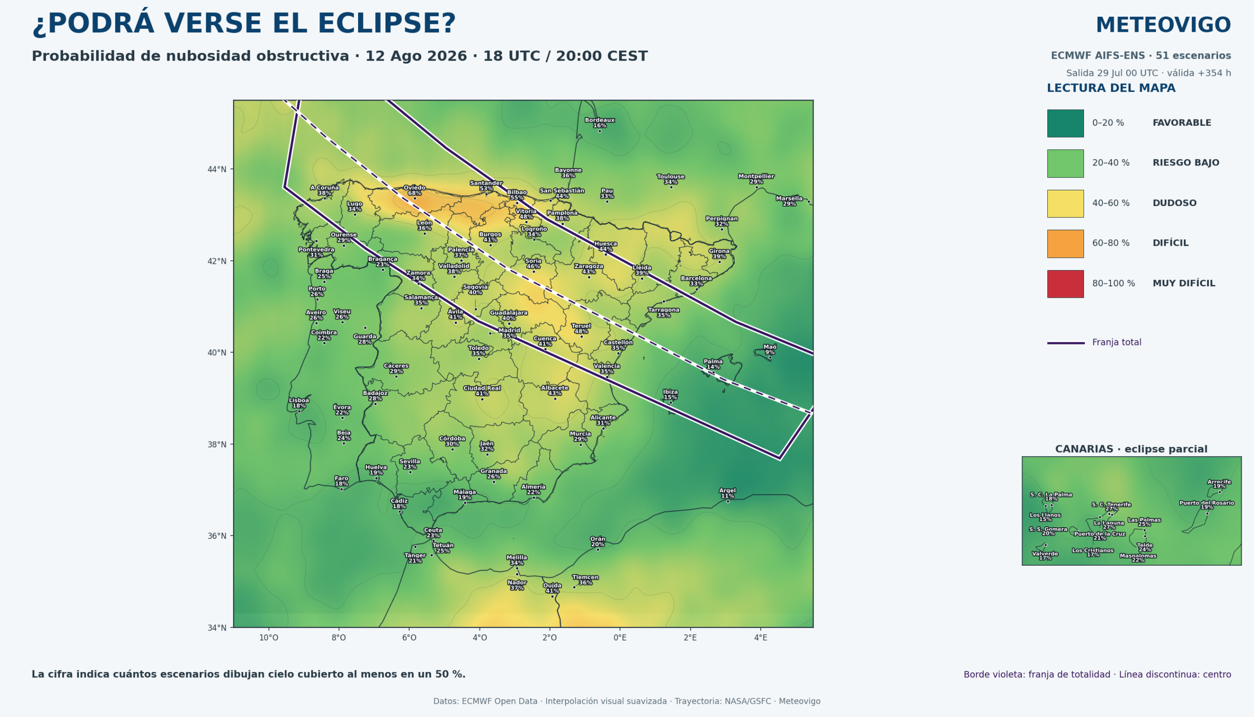 Mapa probabil&iacute;stico de nubosidad para observar el eclipse total de Sol del 12 de agosto de 2026 en Espa&ntilde;a