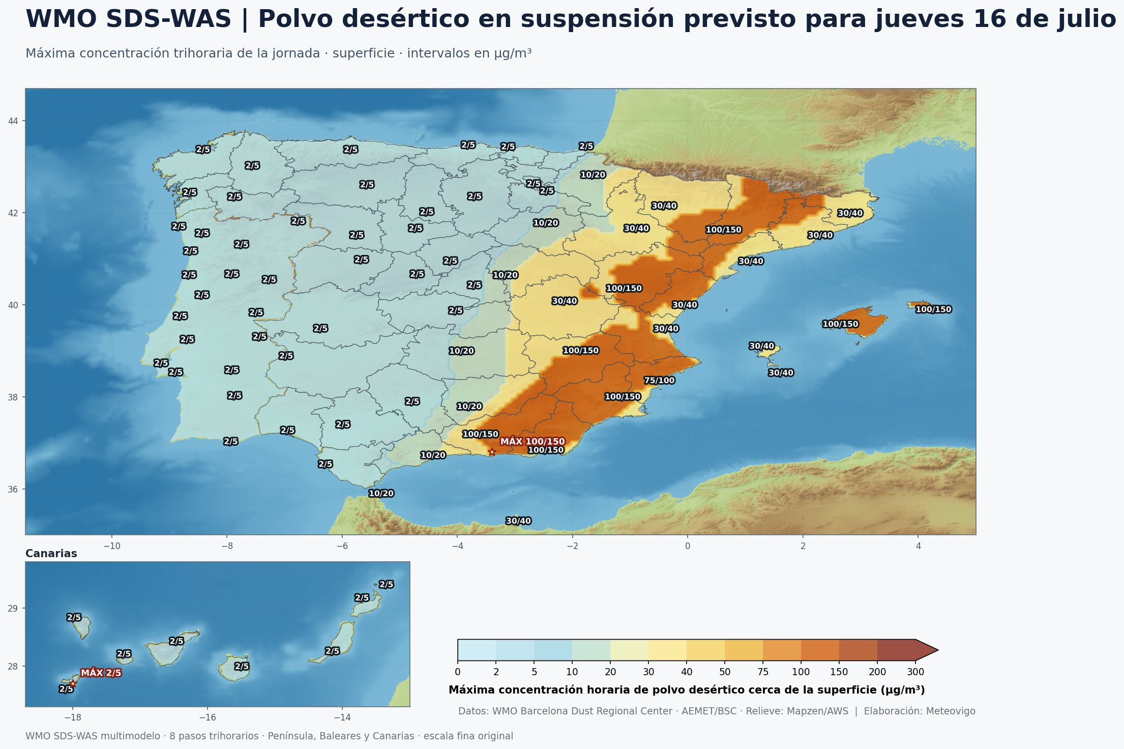 Mapa del polvo desértico en suspensión previsto para el jueves 16 de julio en España