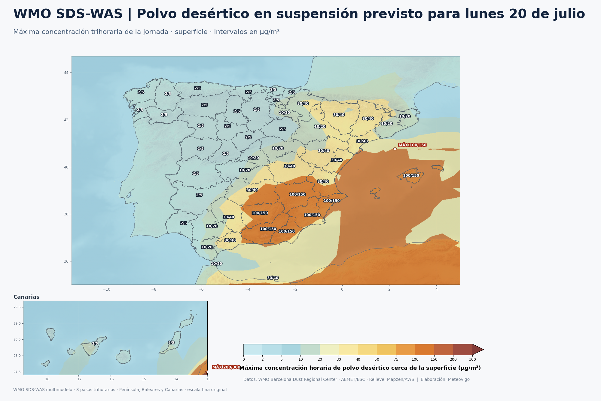 Mapa de la máxima concentración de polvo desértico prevista en España el lunes 20 de julio