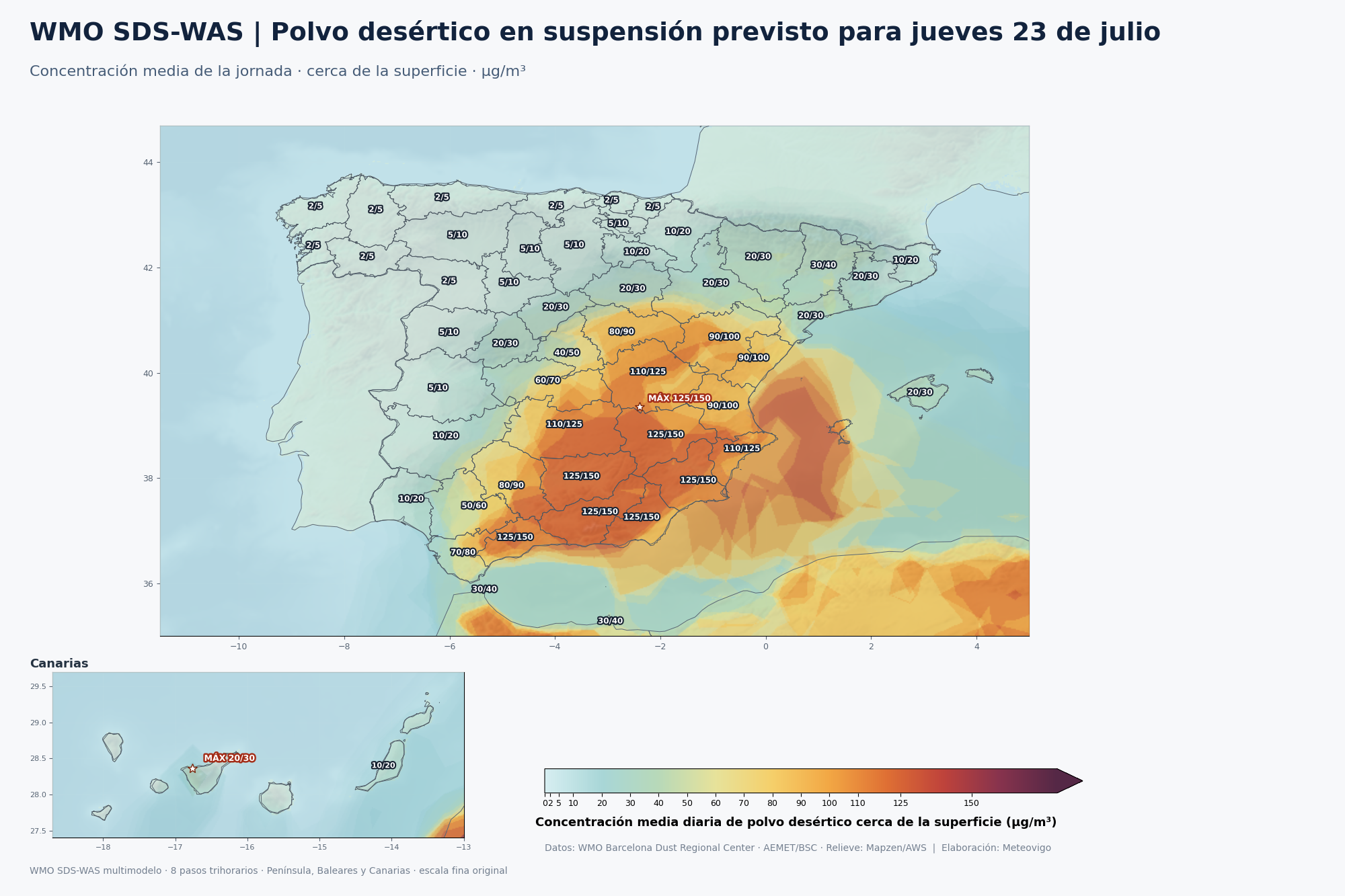 Mapa de concentración media diaria de polvo desértico prevista en España el jueves 23 de julio de 2026
