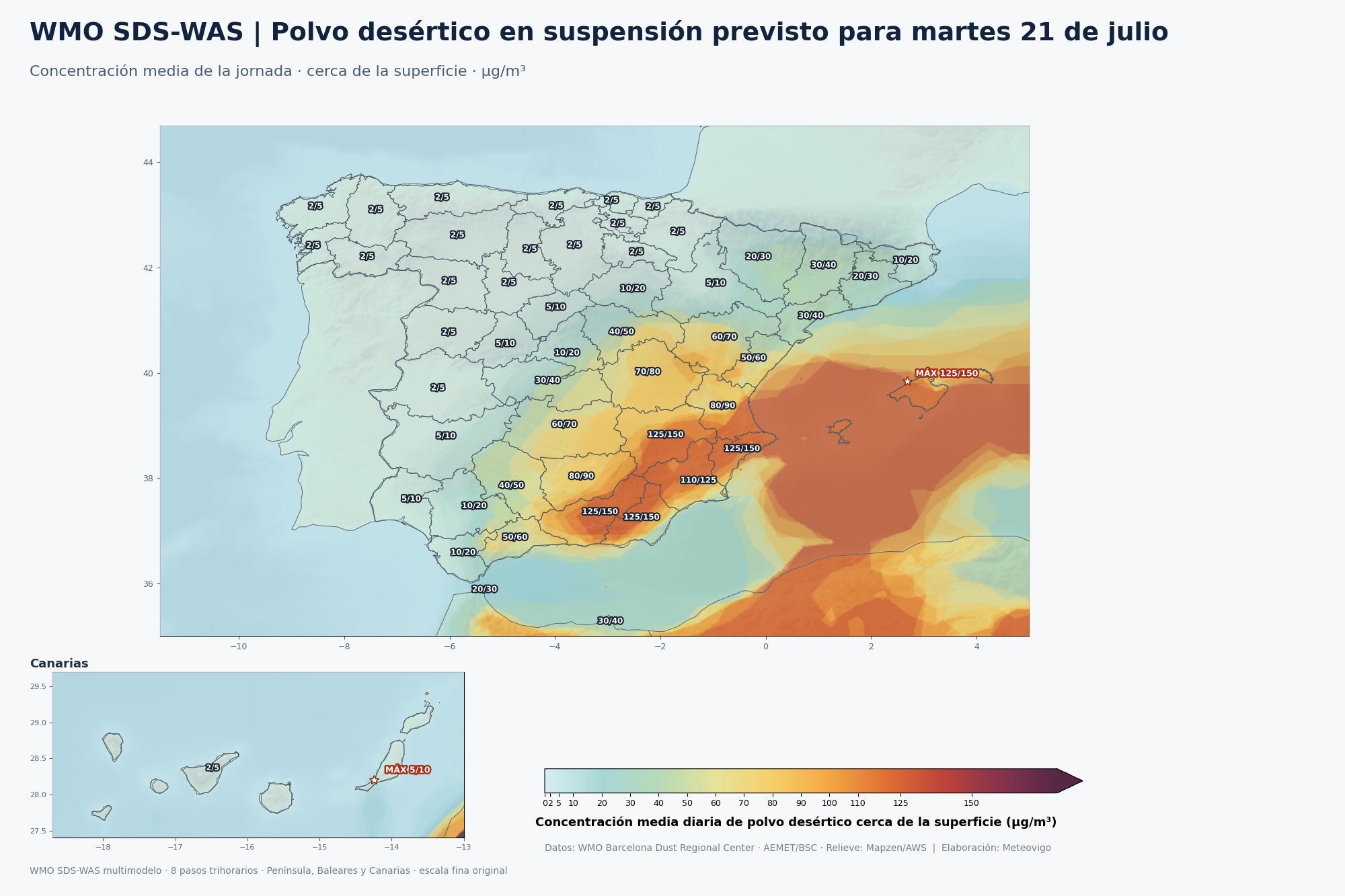 Mapa de concentración media diaria de polvo desértico prevista en España el martes 21 de julio de 2026