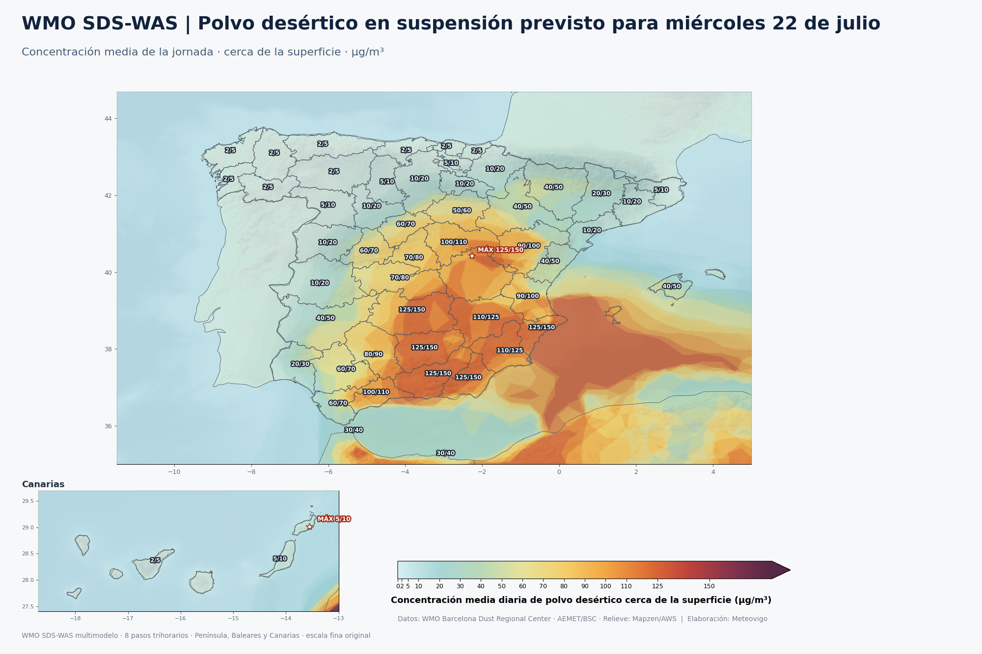 Mapa de concentración media diaria de polvo desértico prevista en España el miércoles 22 de julio de 2026