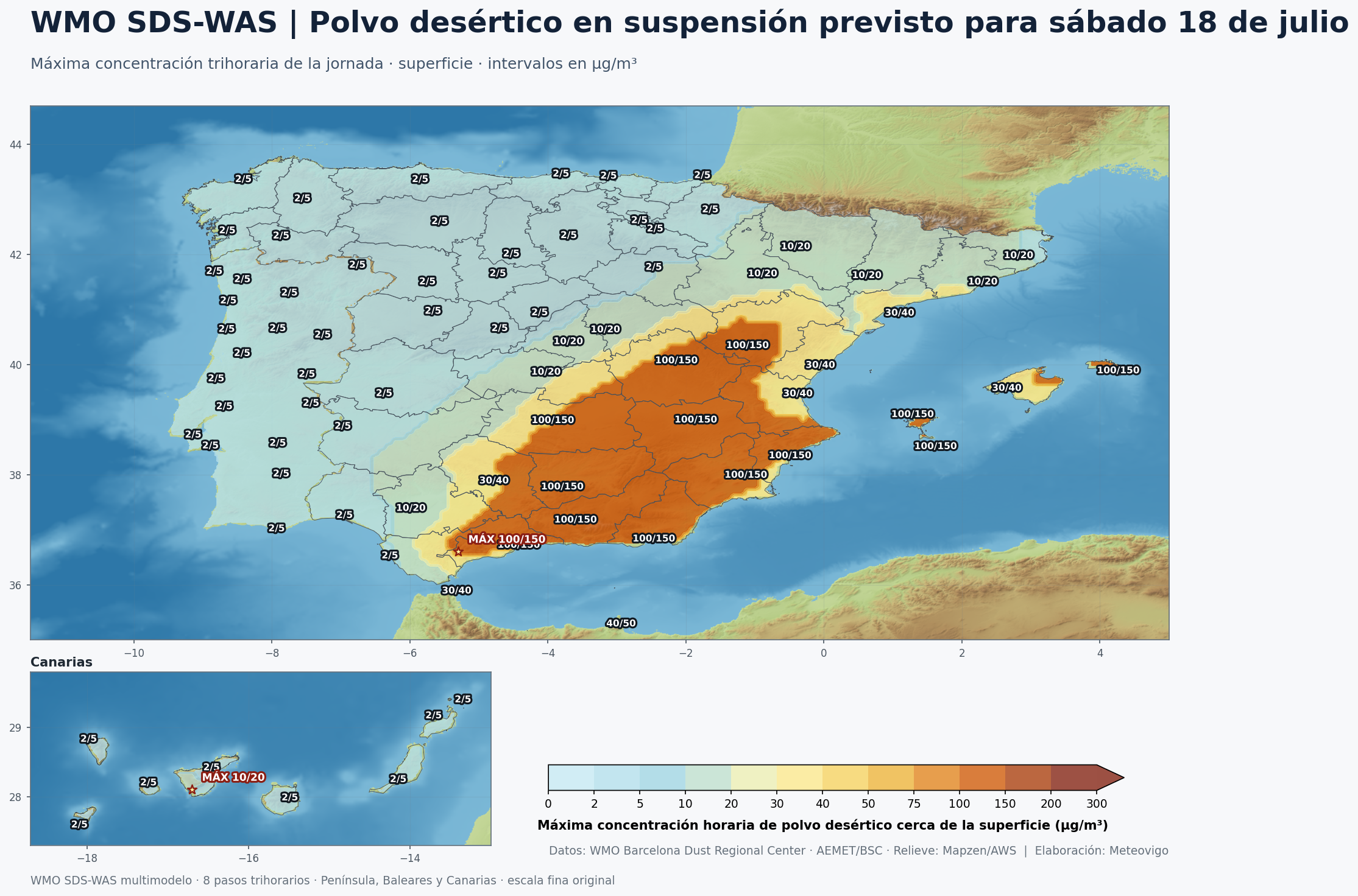 Mapa del polvo desértico en suspensión previsto para el sábado 18 de julio en España