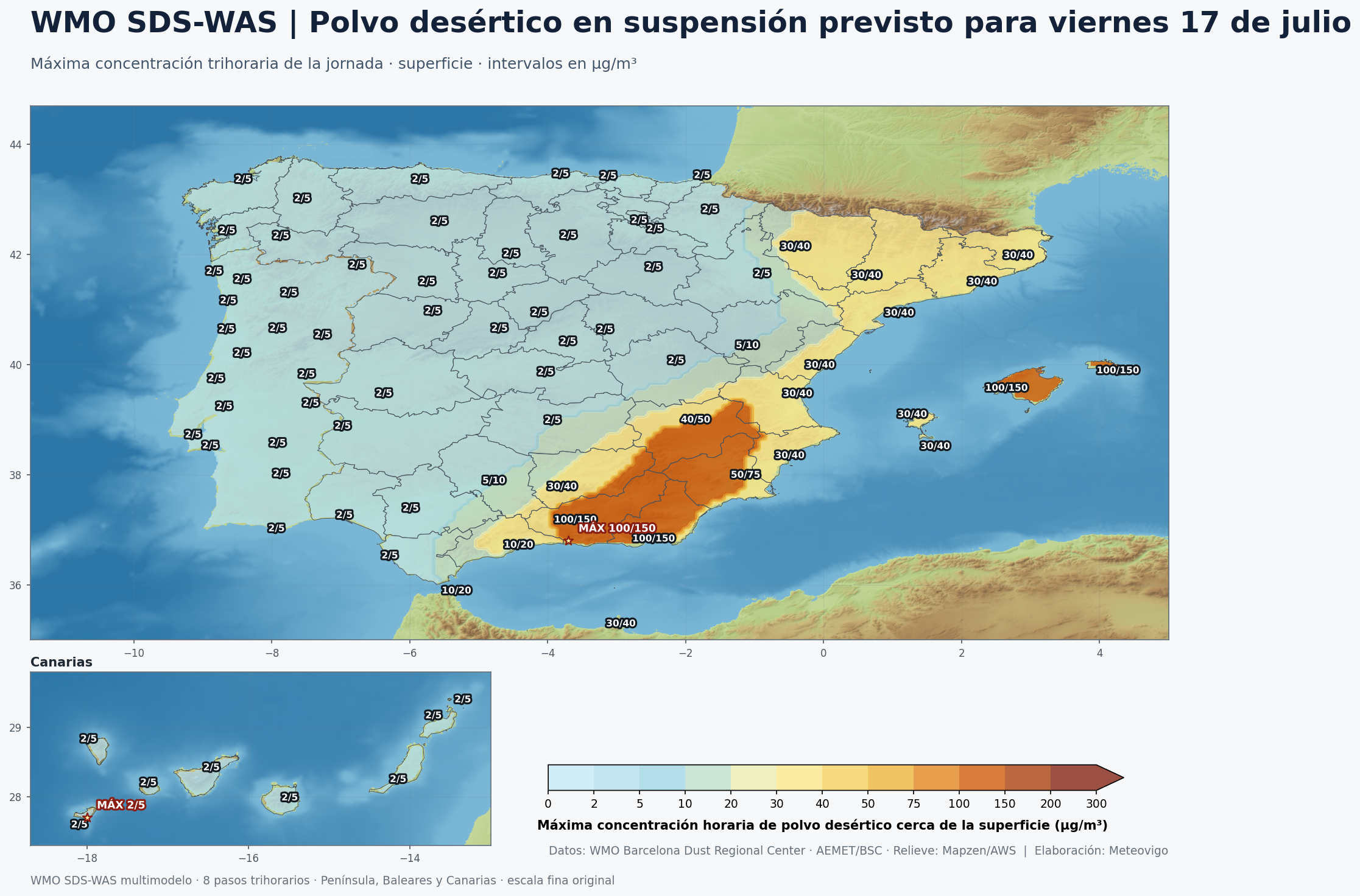 Mapa del polvo desértico en suspensión previsto para el viernes 17 de julio en España
