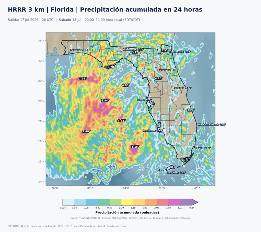Precipitación acumulada prevista por el modelo HRRR en Florida para el sábado 18 de julio de 2026