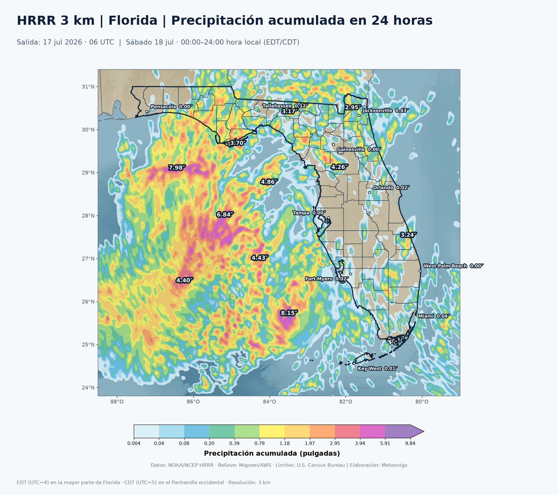 Precipitaci&oacute;n acumulada prevista por el modelo HRRR en Florida para el s&aacute;bado 18 de julio de 2026