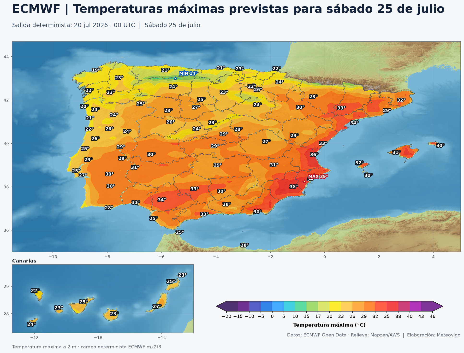 Temperaturas máximas previstas para el sábado 25