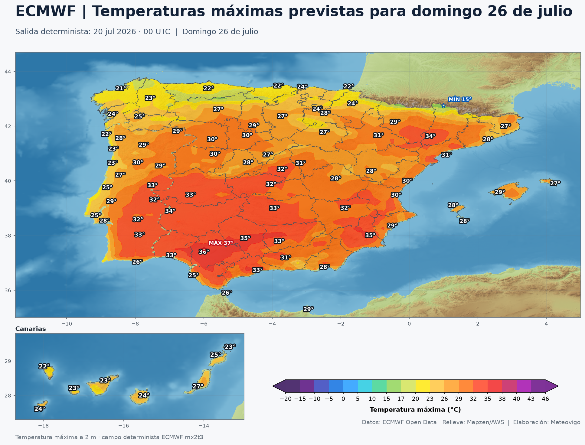 Temperaturas máximas previstas para el domingo 26