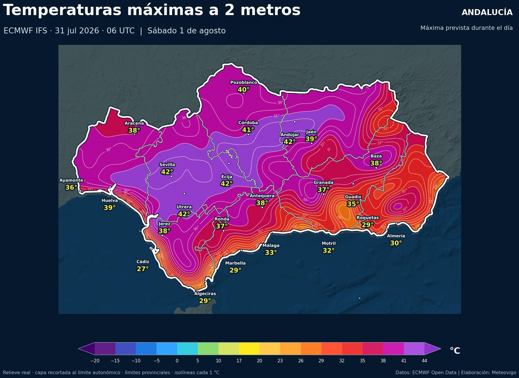 Temperaturas máximas previstas en Andalucía para el sábado 1 de agosto de 2026