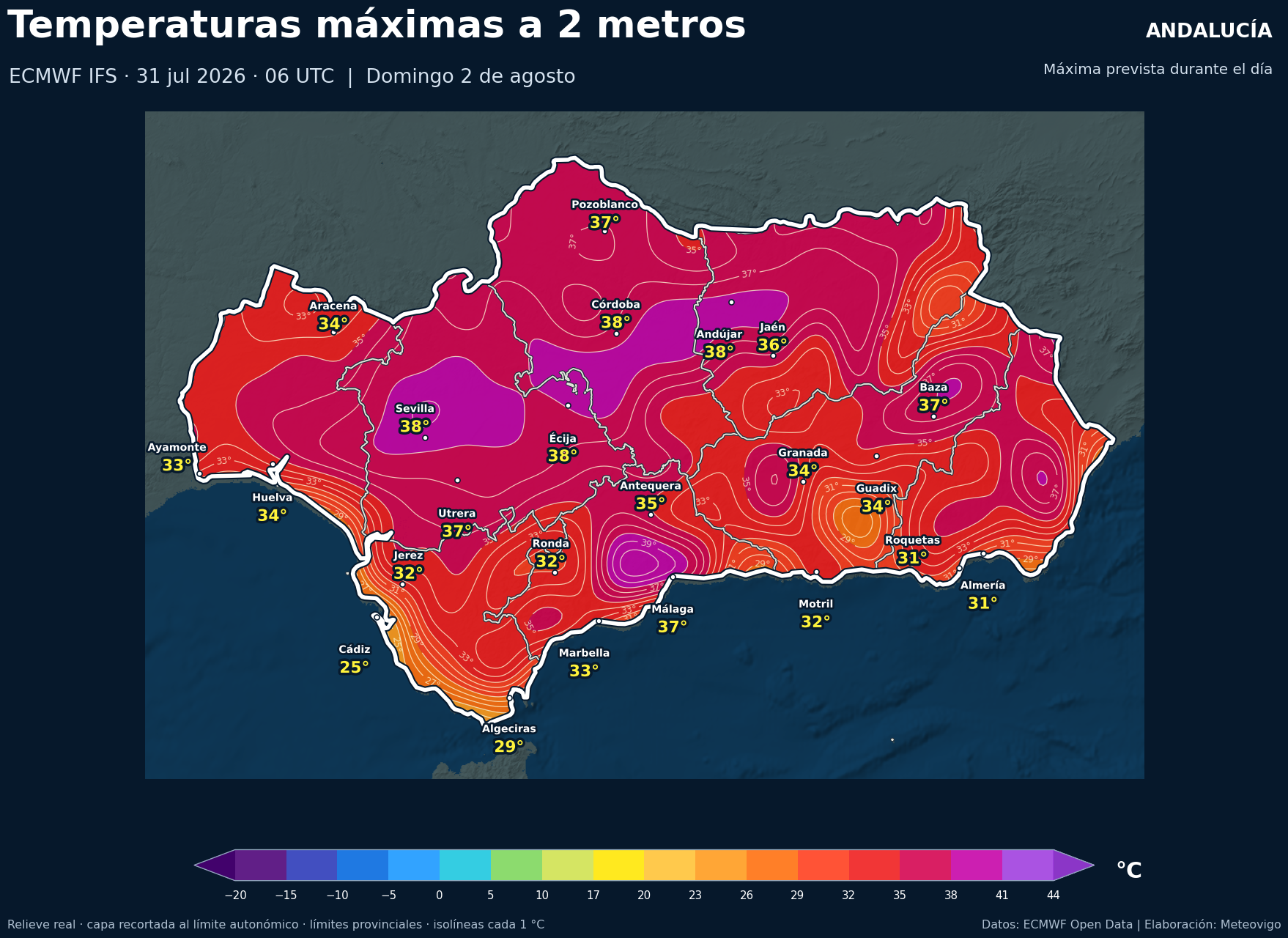 Temperaturas máximas previstas en Andalucía para el domingo 2 de agosto de 2026