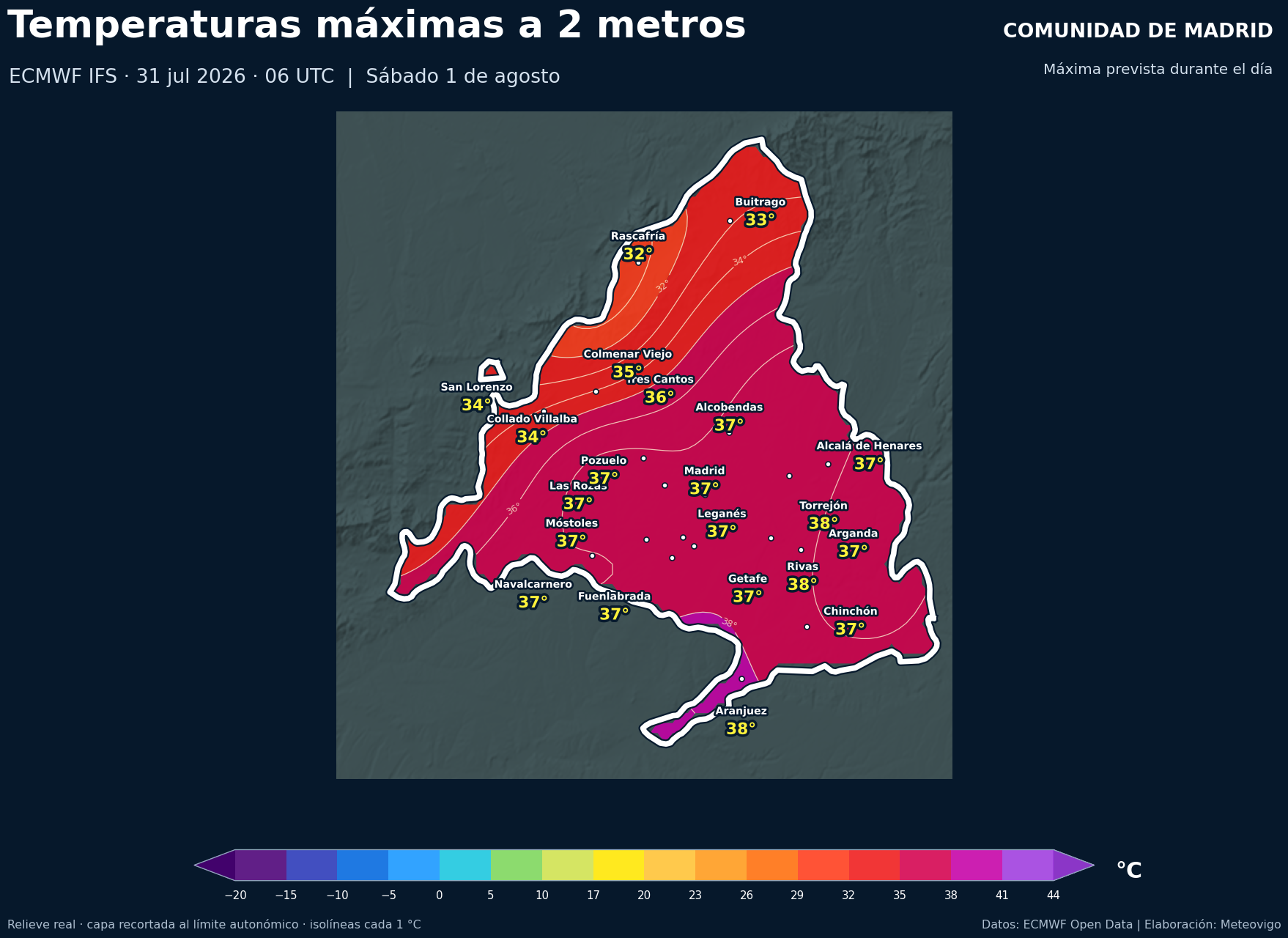 Temperaturas máximas previstas en la Comunidad de Madrid para el sábado 1 de agosto de 2026