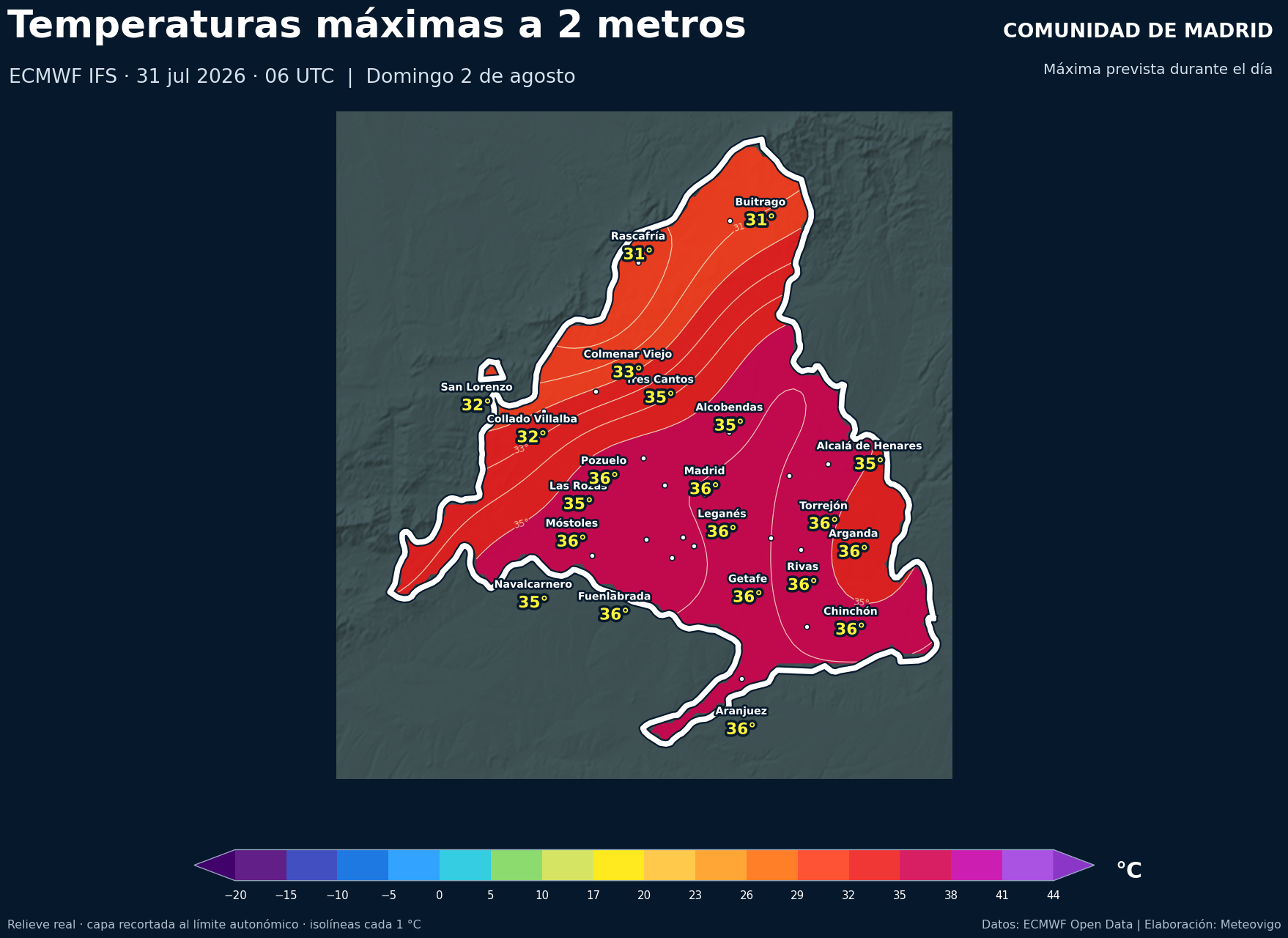 Temperaturas máximas previstas en la Comunidad de Madrid para el domingo 2 de agosto de 2026