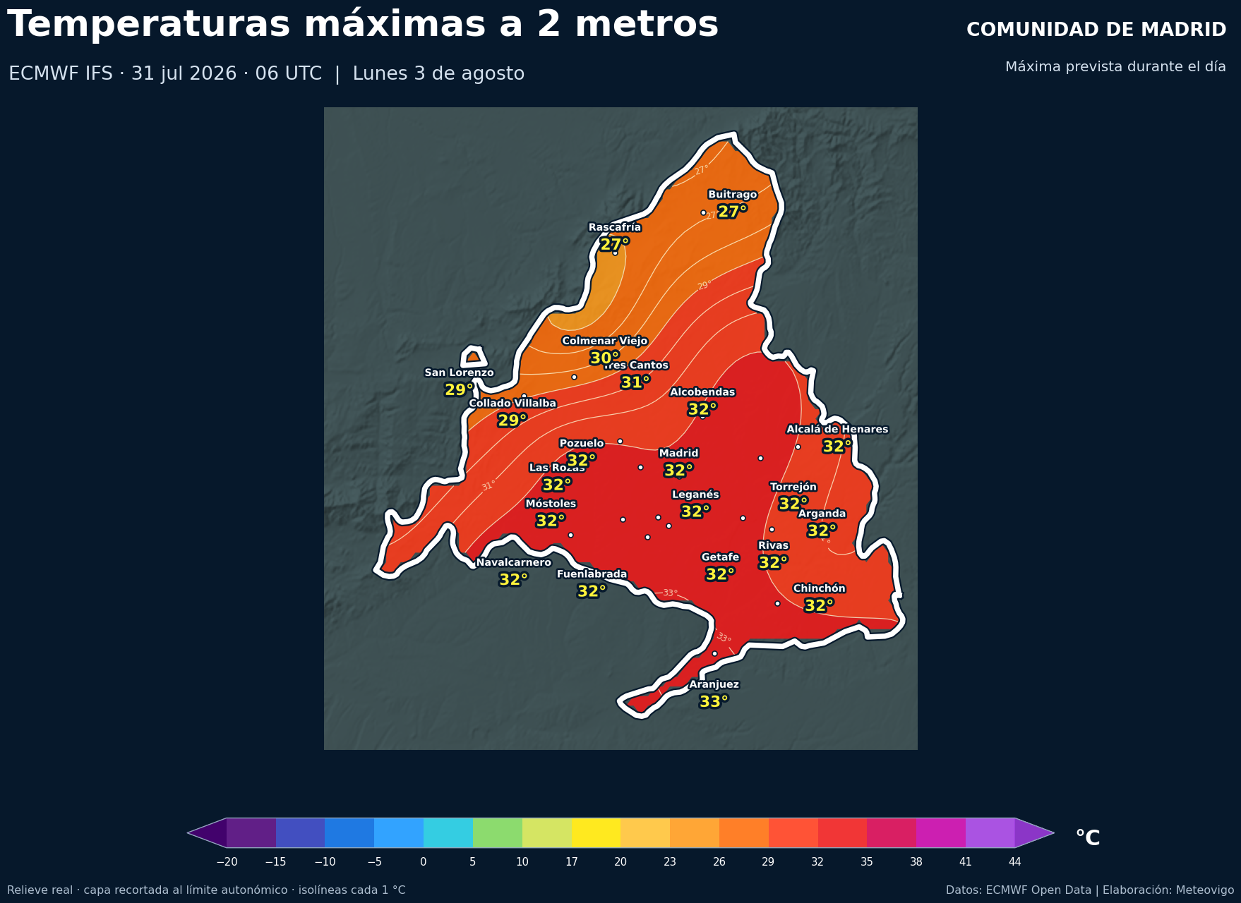 Temperaturas máximas previstas en la Comunidad de Madrid para el lunes 3 de agosto de 2026