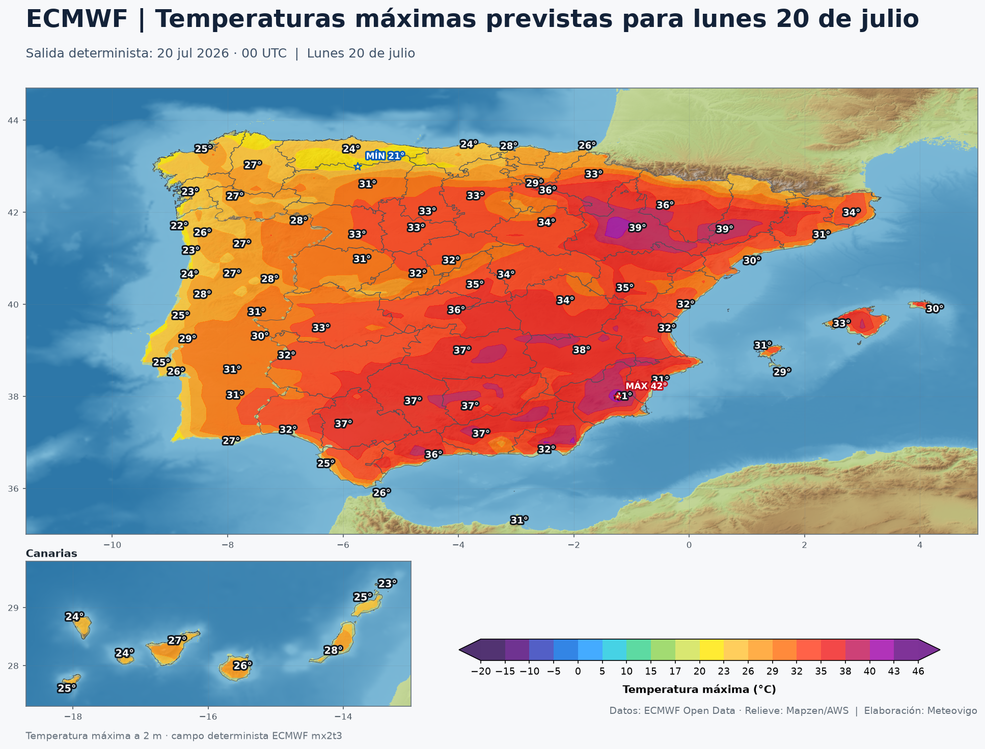 Mapa ECMWF de temperaturas máximas para el lunes 20