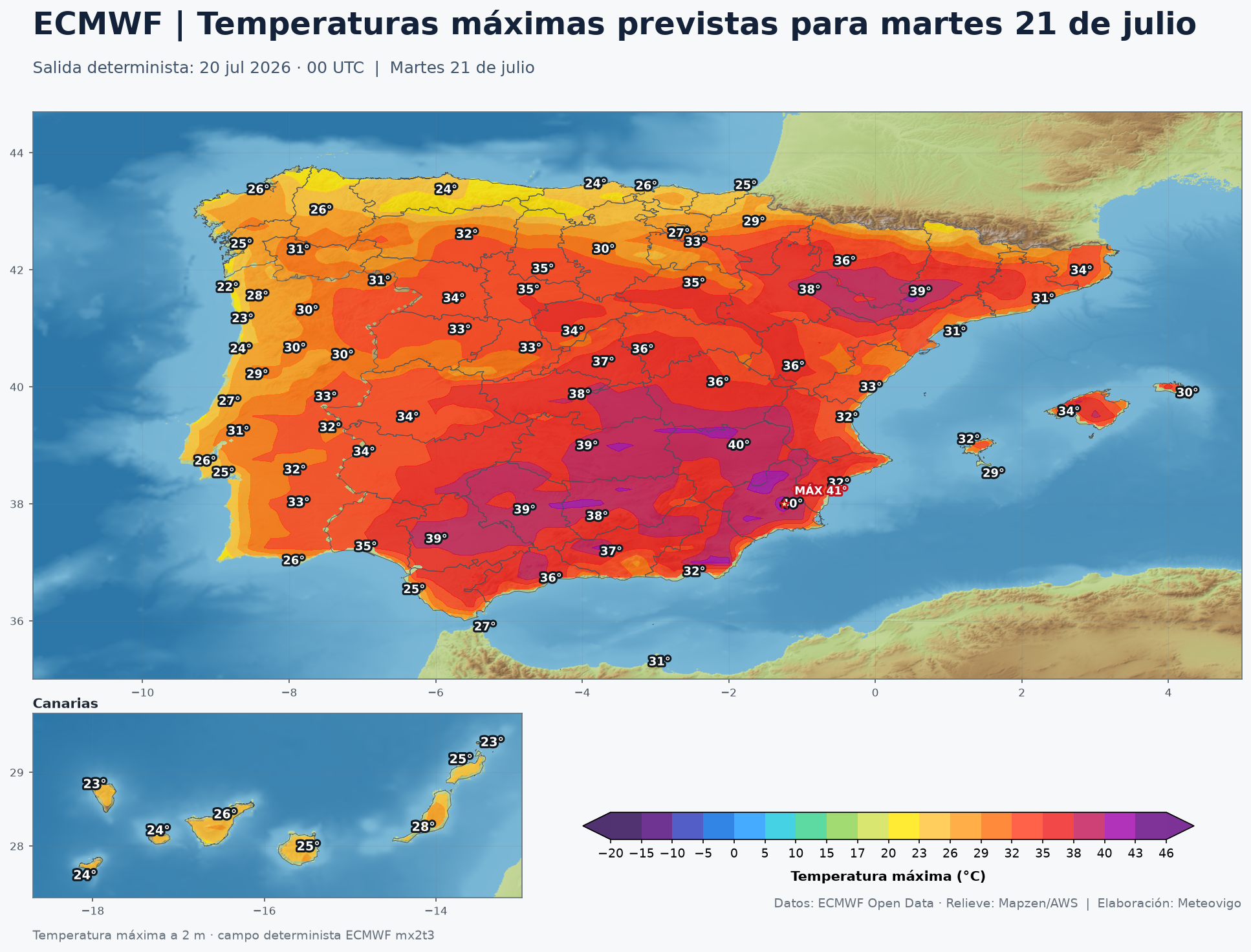Mapa ECMWF de temperaturas máximas para el martes 21