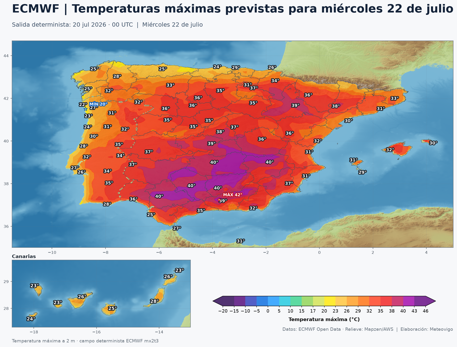 Mapa ECMWF de temperaturas máximas para el miércoles 22