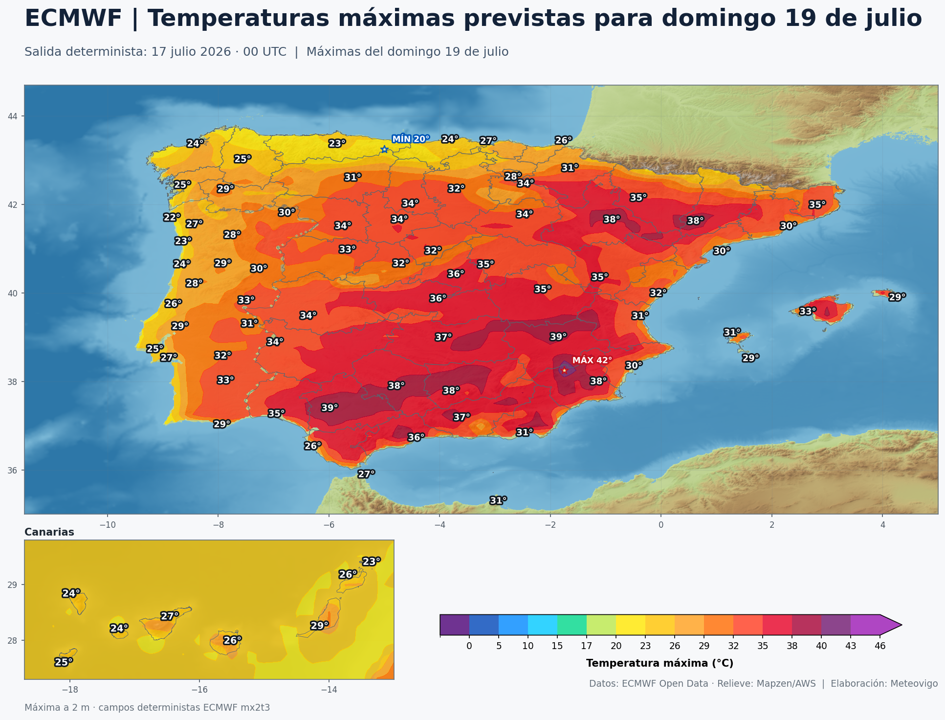 Mapa ECMWF de temperaturas máximas previstas para el domingo 19 de julio en España